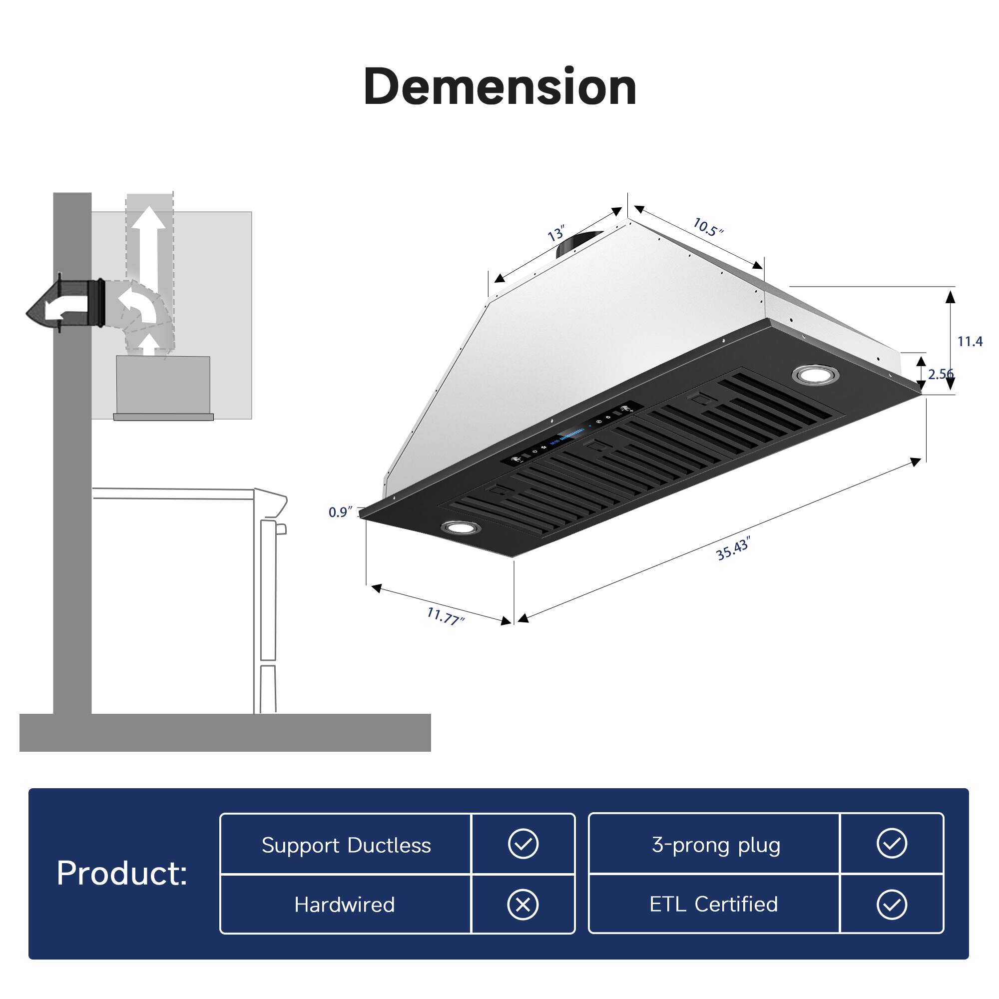 Dimension  
13"  
10.5"  
11.4"  
2.56"  
0.9"  
35.43"  
11.77"  

Product:  
Support Ductless  
Hardwired  
3-prong plug  
ETL Certified