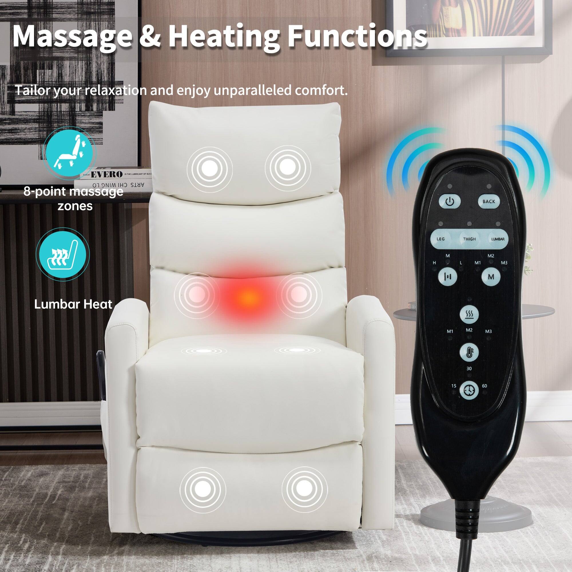 Massage & Heating Functions

Tailor your relaxation and enjoy unparalleled comfort.

- 8-point massage zones
- Lumbar Heat