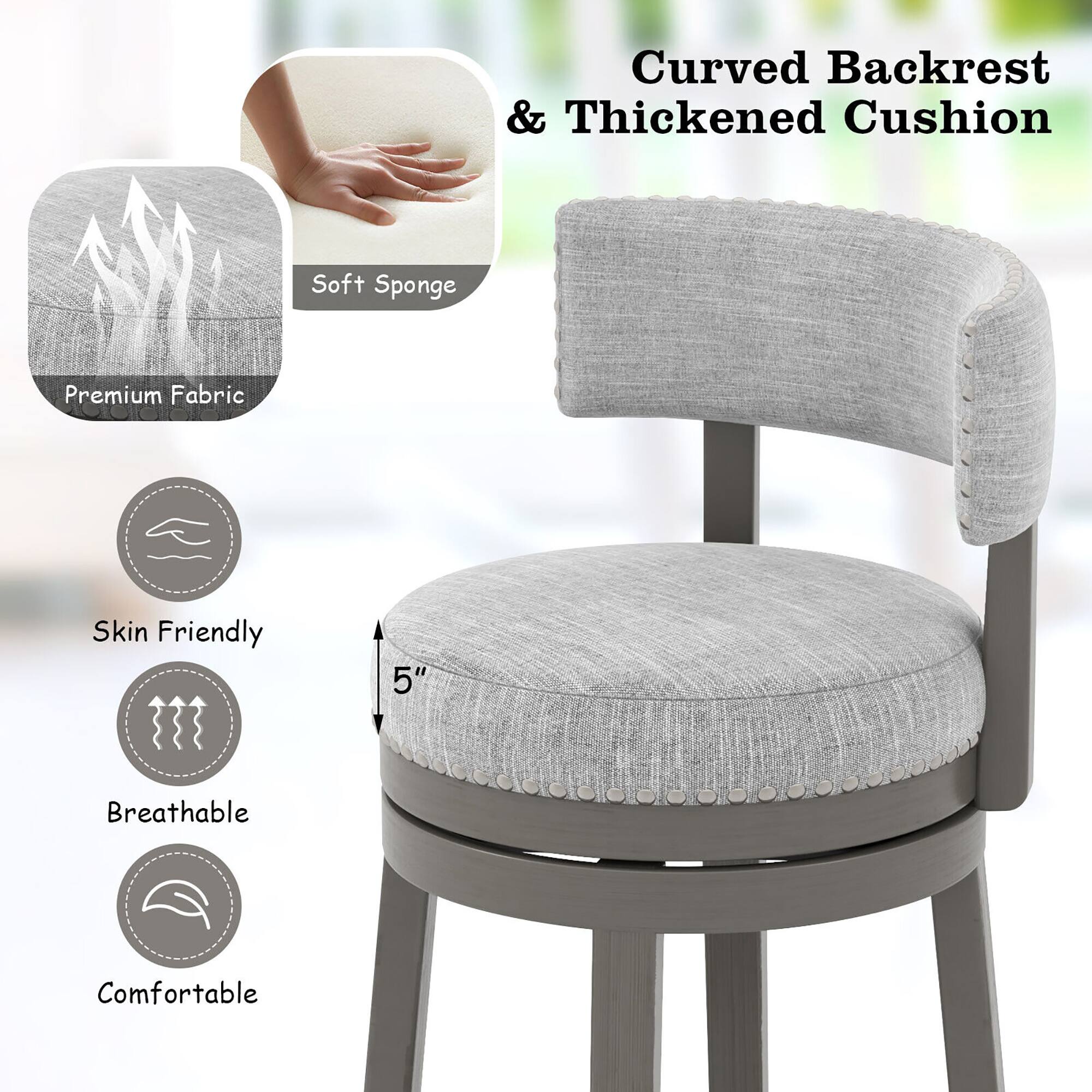 Curved Backrest & Thickened Cushion

- Premium Fabric
- Soft Sponge
- Skin Friendly
- Breathable
- Comfortable

5"