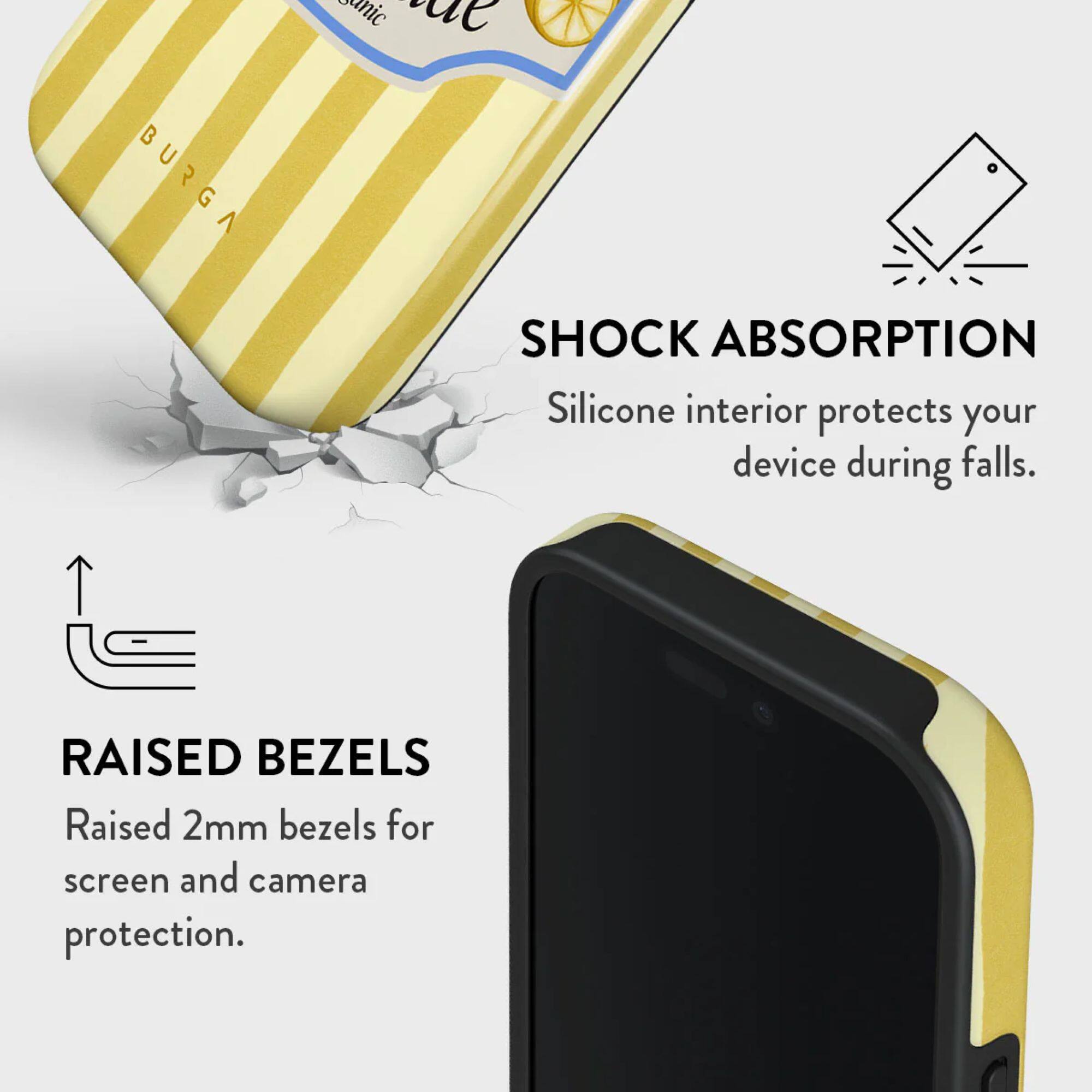 - **SHOCK ABSORPTION**  
  Silicone interior protects your device during falls.

- **RAISED BEZELS**  
  Raised 2mm bezels for screen and camera protection.