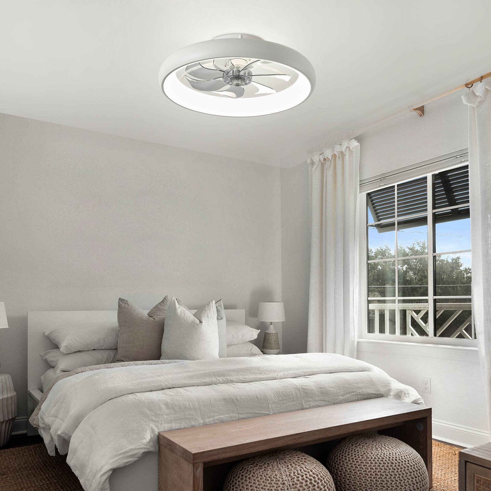 Left. Siljoy - 20 inch White Modern Flush Mount Ceiling Fan with Lights and Remote Control Included (7blades) - White.