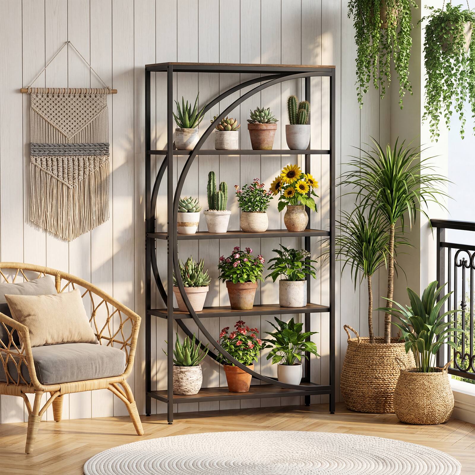 Alt View 1. Costway - Costway 2 Pcs 5-Tier Bookshelf, 65"Tall Industrial Etagere Bookcase with Half-Moon Shape - Rustic Brown + Black.