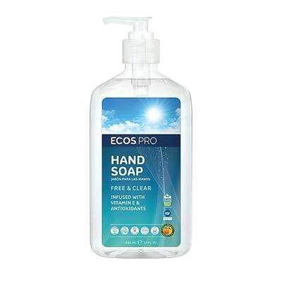 ECOS PRO  
HAND SOAP  
JABÓN PARA LAS MANOS  
FREE & CLEAR  
INFUSED WITH VITAMIN E & ANTIOXIDANTS  
100% PLASTIC FREE  
100% VEGAN  
100% CRUELTY-FREE