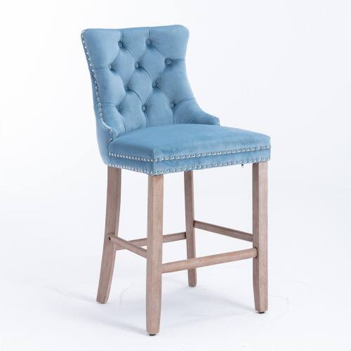 Back. LUCKY ONE - Assembled Velvet Bar Stool Set of 2 with Button Tufted Wood Legs Chrome Nailhead Trim - Light Blue.