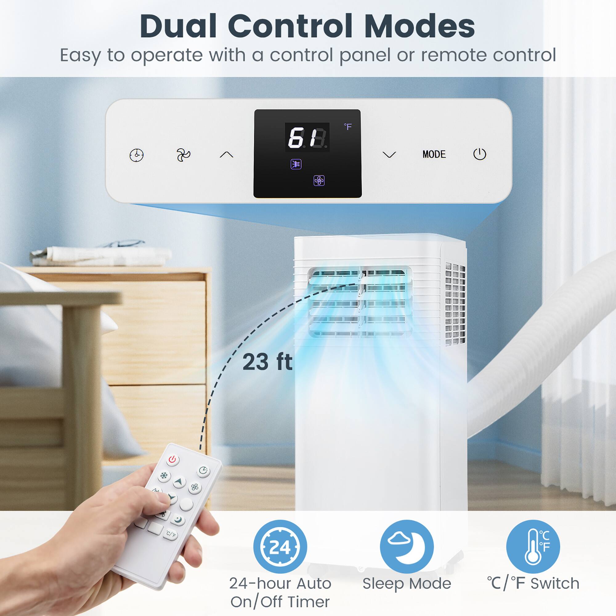 Dual Control Modes, Easy to operate with a control panel or remote control, 24-hour Auto On/Off Timer, Sleep Mode, C/F Switch, 6.8°F, 23 ft, 24°C