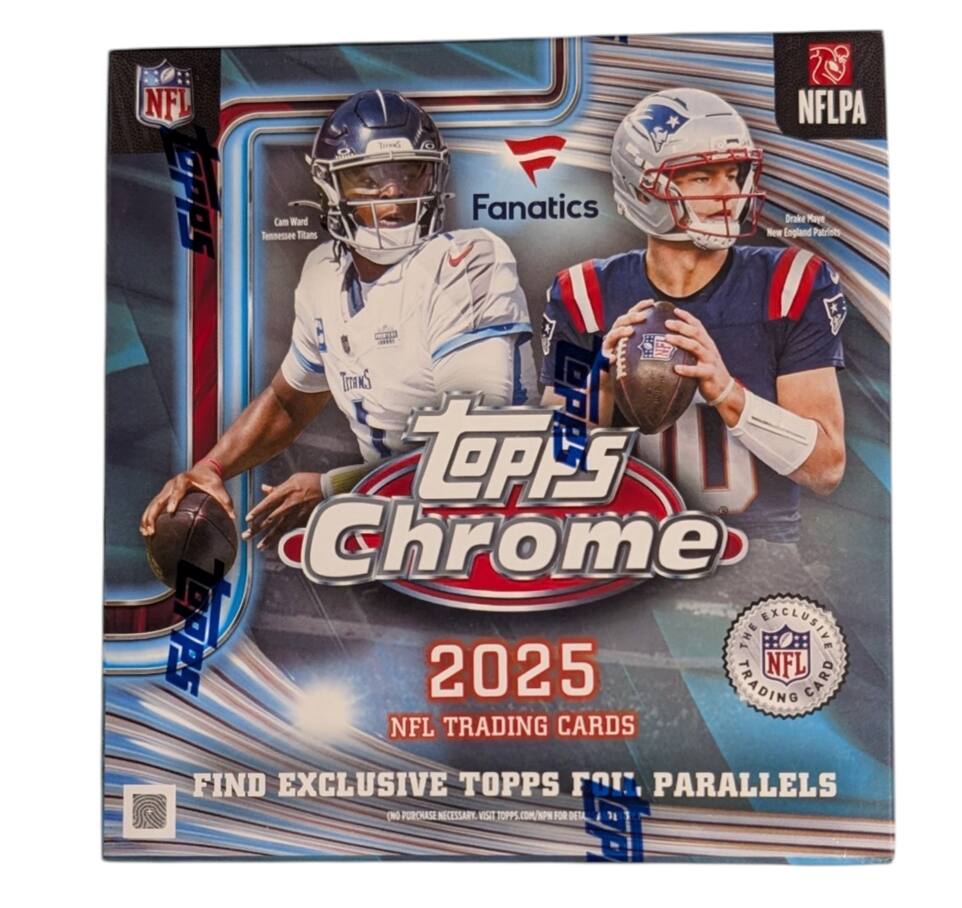NFL opps Cam Ward Tennessee Titans Bon Fanatics NFLPA Drake Mapt New England Patriots $ TOPPS Chrome 2025 NFL CARD TRADING NFL TRADING CARDS FIND EXCLUSIVE TOPPS FOI PARALLELS (N) PURCHASE NECESSARY TOPPS.COM/NPN FOR DETL