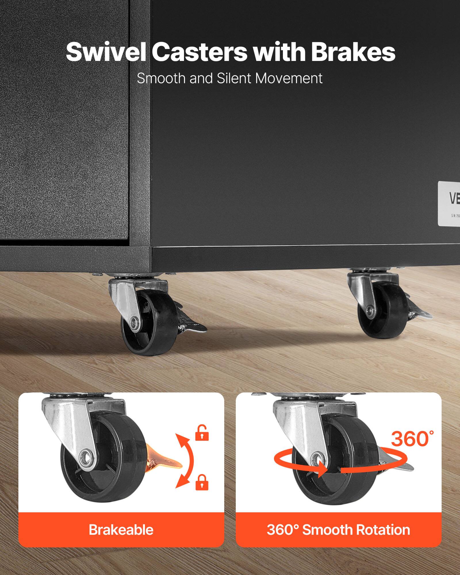 Swivel Casters with Brakes  
Smooth and Silent Movement  

Brakeable  
360° Smooth Rotation