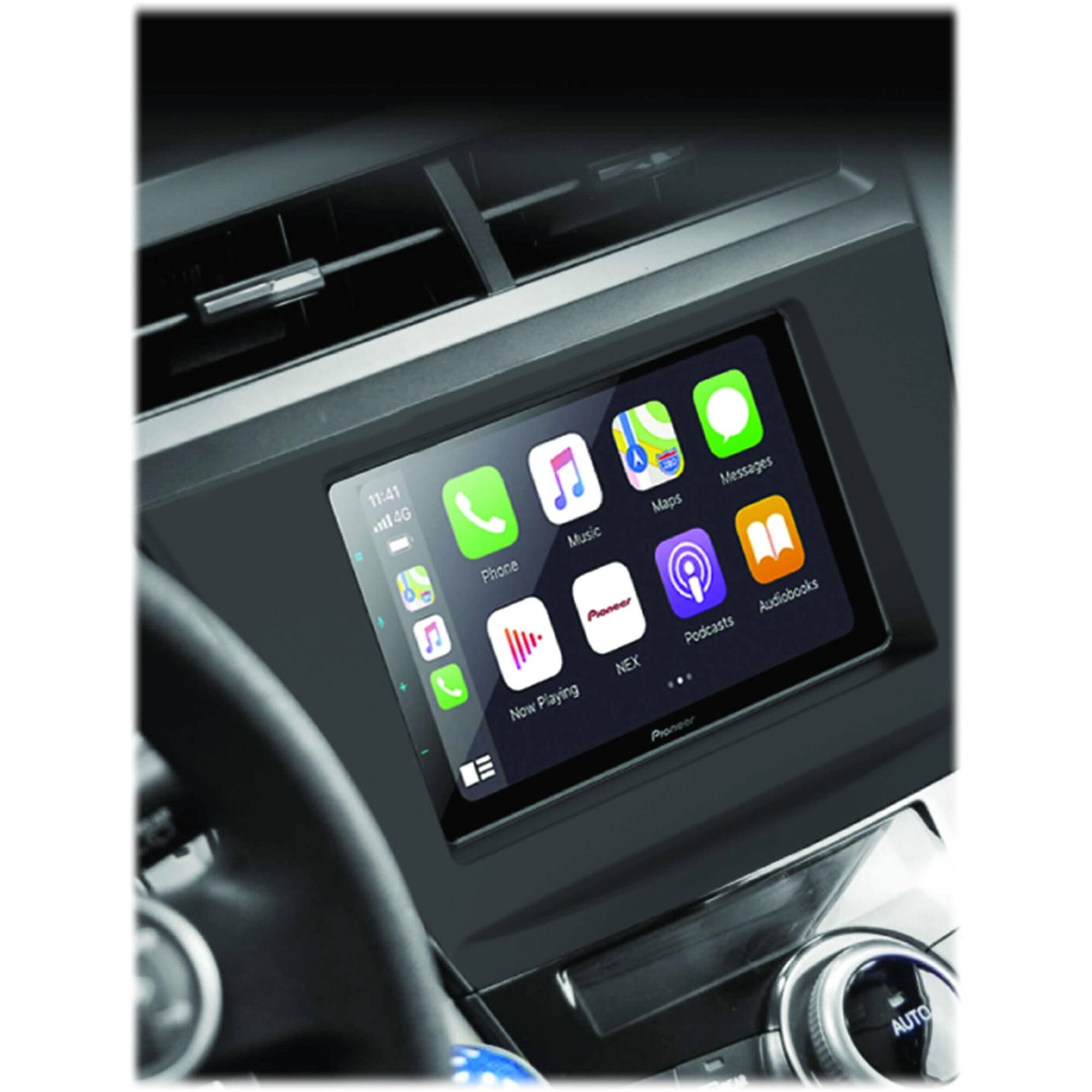 The text on the image reads: "11:41 ln 4G Messages Maps Music Phone Roneer Audiobooks Podcasts NEX Now Playing Proneer AUTO."