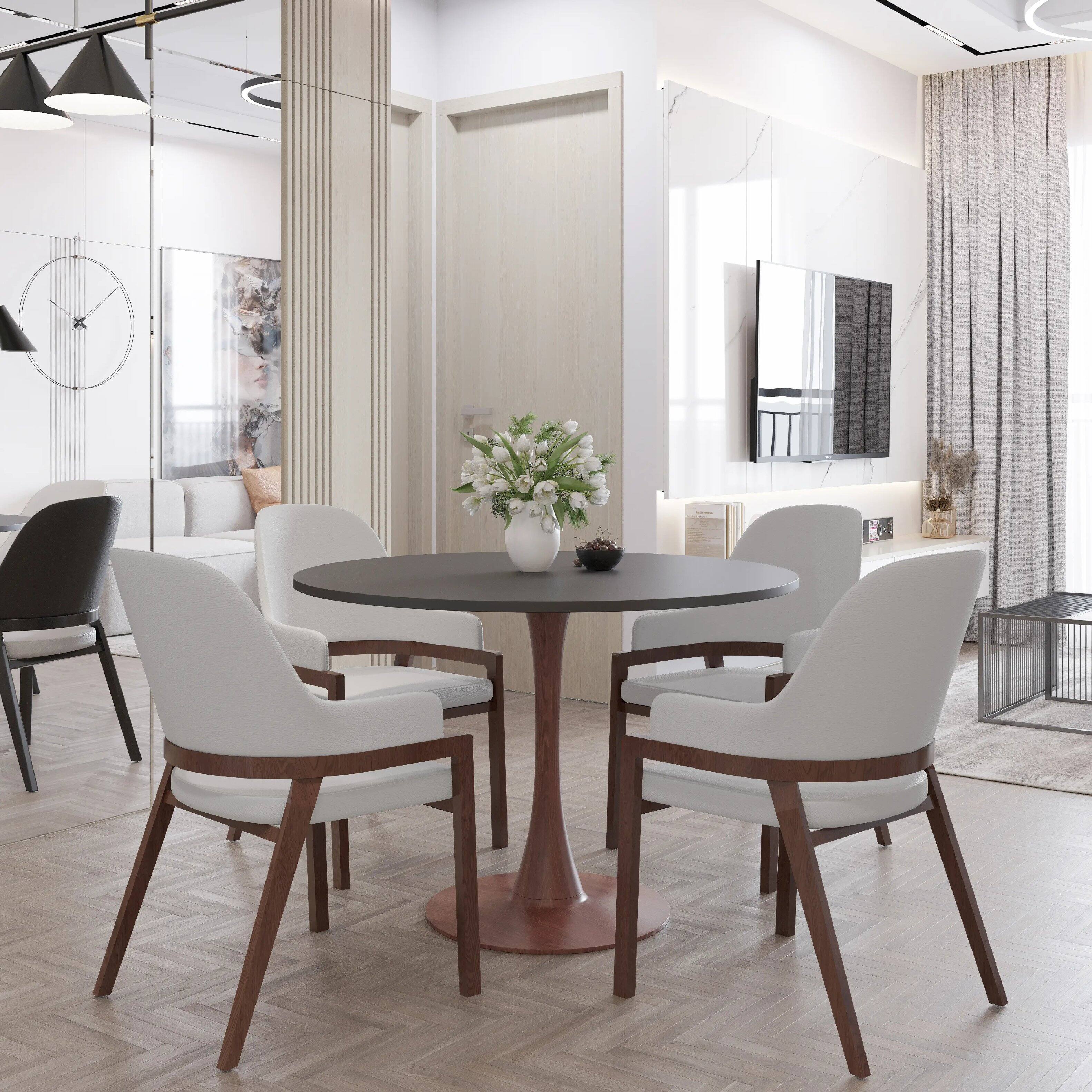 Back. LeisureMod - Bristol Round Dining Table 31 in. MDF Tabletop with Walnut Finish Pedestal Steel Base Modern Accent Kitchen Table - Marbled White.