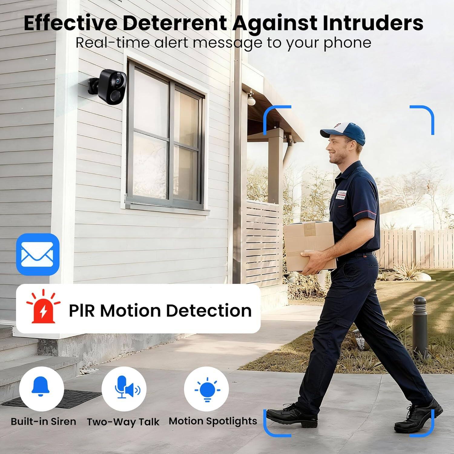 Effective Deterrent Against Intruders  
Real-time alert message to your phone  
PIR Motion Detection  
Built-in Siren  
Two-Way Talk  
Motion Spotlights