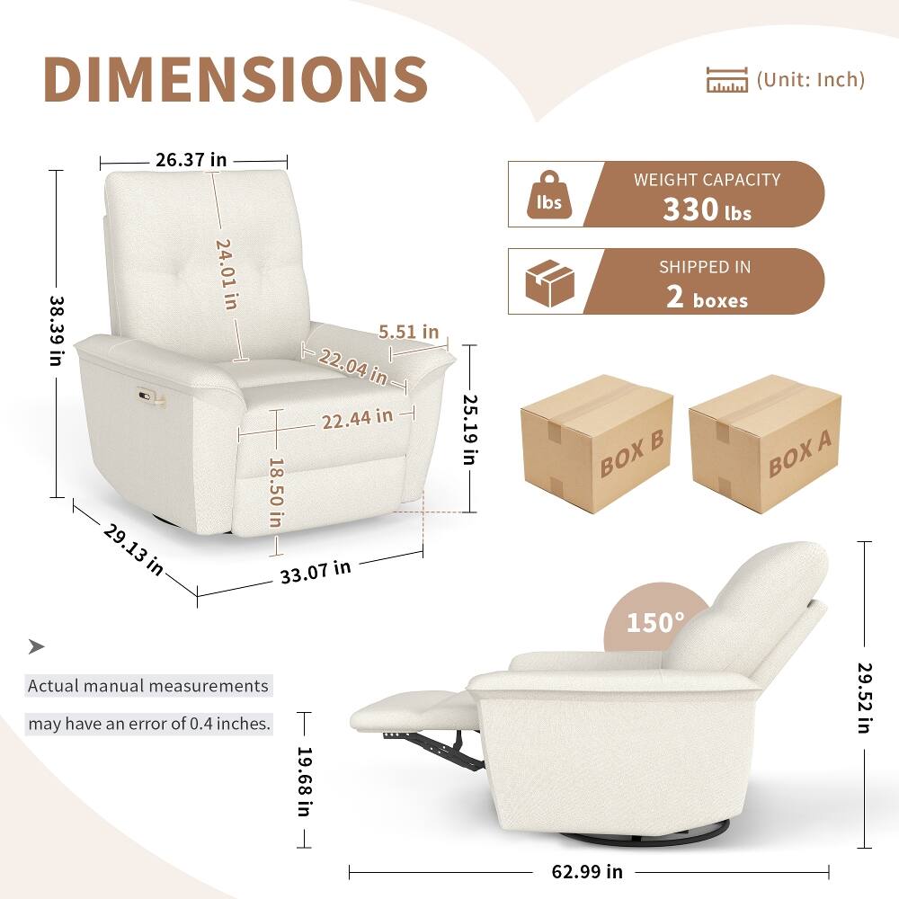 DIMENSIONS (Unit: Inch)  
- 38.39 in  
- 26.37 in  
- 24.01 in  
- 29.13 in  
- 5.51 in  
- 22.04 in  
- 22.44 in  
- 18.50 in  
- 33.07 in  
- 25.19 in  

WEIGHT CAPACITY: 330 lbs  
SHIPPED IN: 2 boxes  

Actual manual measurements may have an error of 0.4 inches.  

- 19.68 in  
- 62.99 in  
- 29.52 in