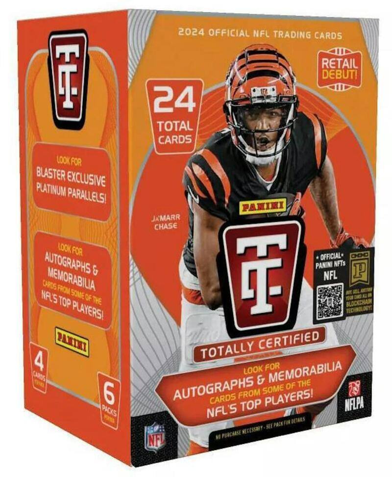 F LOOK FOR BLASTER EXCLUSIVE PLATINUM PARALLELS! LOOK FOR AUTOGRAPHS & MEMORABILIA FROM SOME OF THE NFL'S TOP PLAYERS! PANINI 4 CARDS 6 PACKS 2024 OFFICIAL NFL TRADING CARDS RETAIL DEBUT! 24 TOTAL CARDS PANINI JAMARR CHASE OFFICIAL C00 PANINI NFTs NFL P BLOCKCHAIN TOTALLY CERTIFIED LOOK FOR AUTOGRAPHS & MEMORABILIA FROM SOME OF THE NFL'S TOP PLAYERS! NFLPA DETAILS SEE PACK PURCHASE NECESSARY