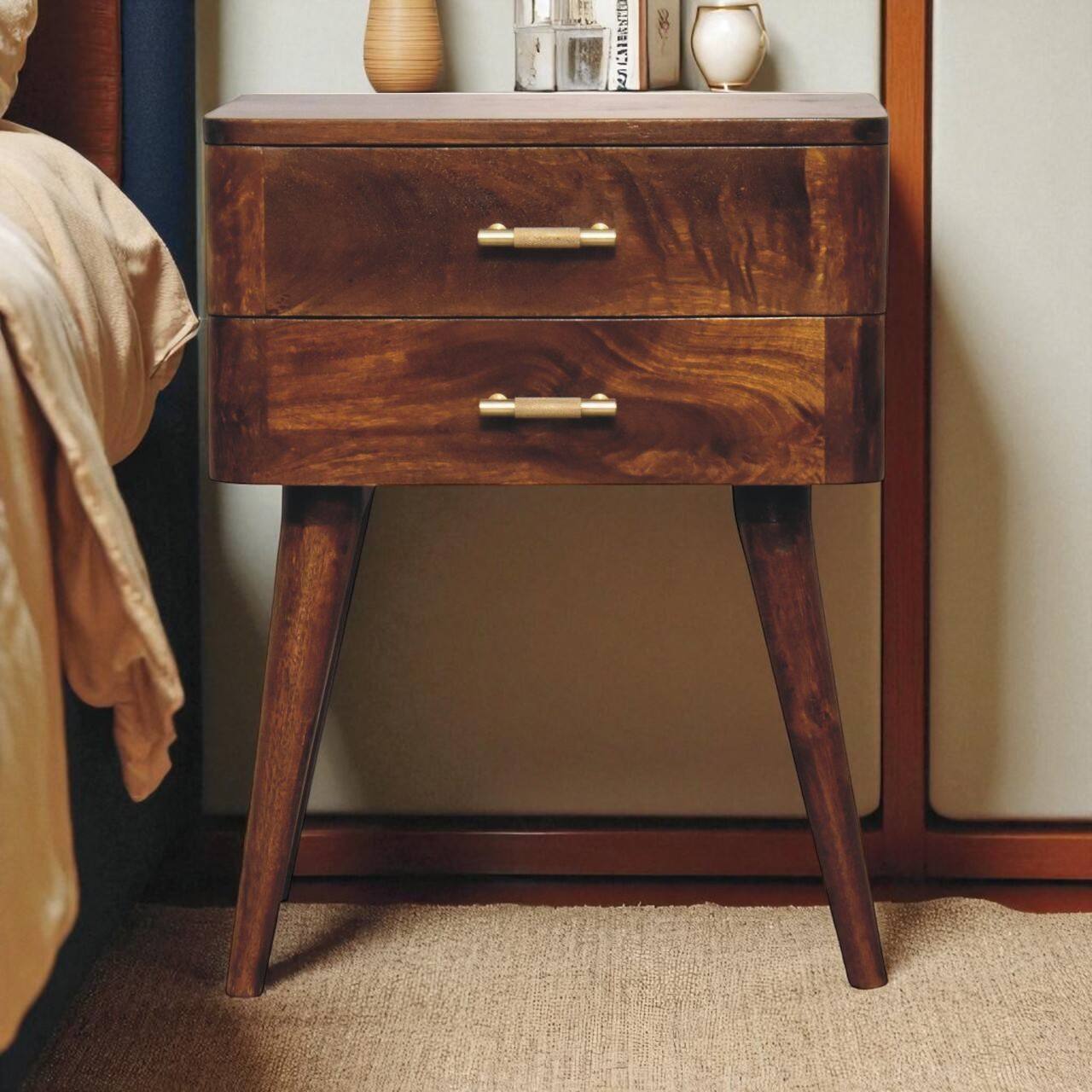 Angle. Artisan Furniture - Artisan Furniture Solid Wood Chestnut T-Bar Nordic Nightstand, 2 Drawers, Nordic legs, Dark Brown - Chestnut.