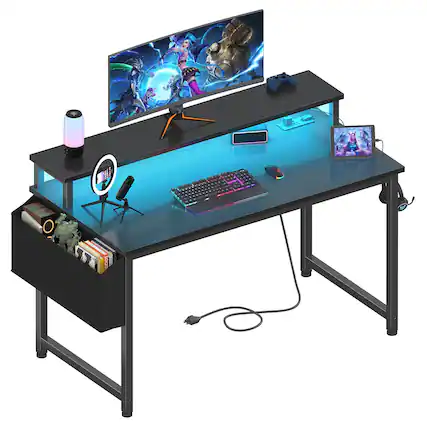 Front. Stylel Star - Lufeiya Black Gaming Desk with LED Lights and Power Outlets, 40 Inch Teen Writing Study Table Home Office Desks with ... - Black.