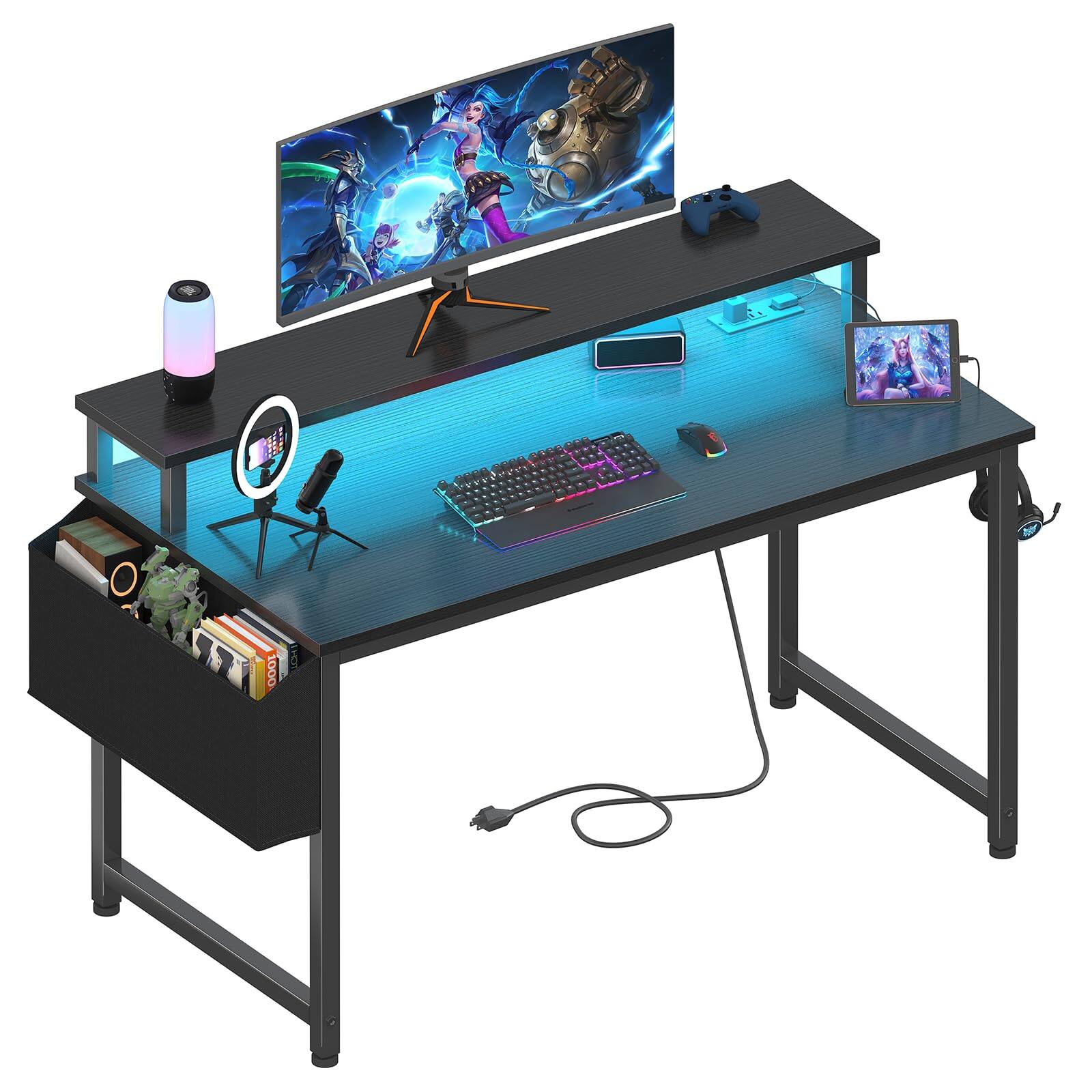 Front. Stylel Star - Lufeiya Black Gaming Desk with LED Lights and Power Outlets, 40 Inch Teen Writing Study Table Home Office Desks with ... - Black.