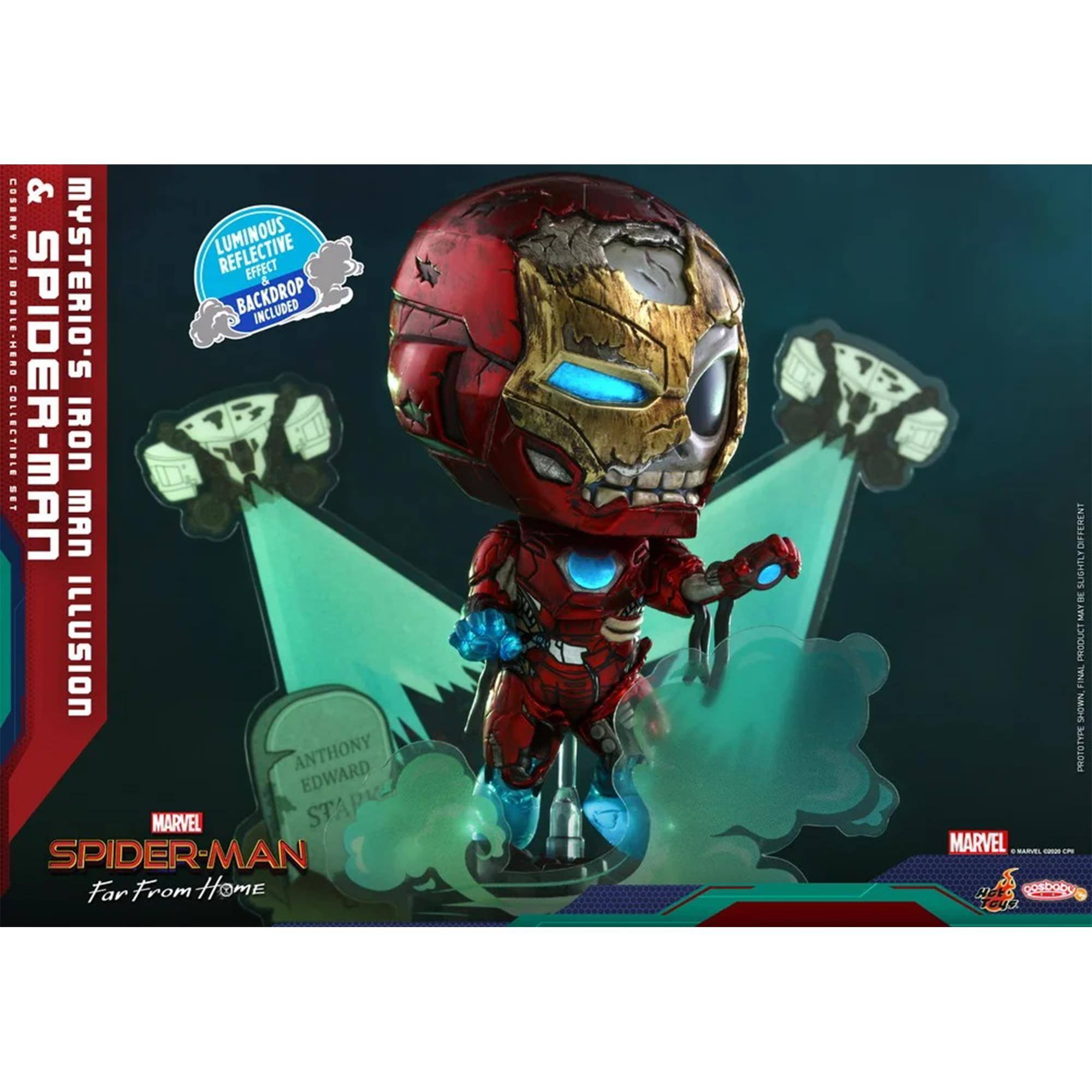 Sure, here is the corrected and grouped text from the image:

---

**& MYSTERIO'S SPIDER-MAN ILLUSION**

**LUMINOUS REFLECTIVE EFFECT BACKDROP INCLUDED**

**ANTHONY EDWARD STAPLE**

**MARVEL SPIDER-MAN Far From Home**

**MARVEL**

---

This text is arranged to match the layout and content of the image.