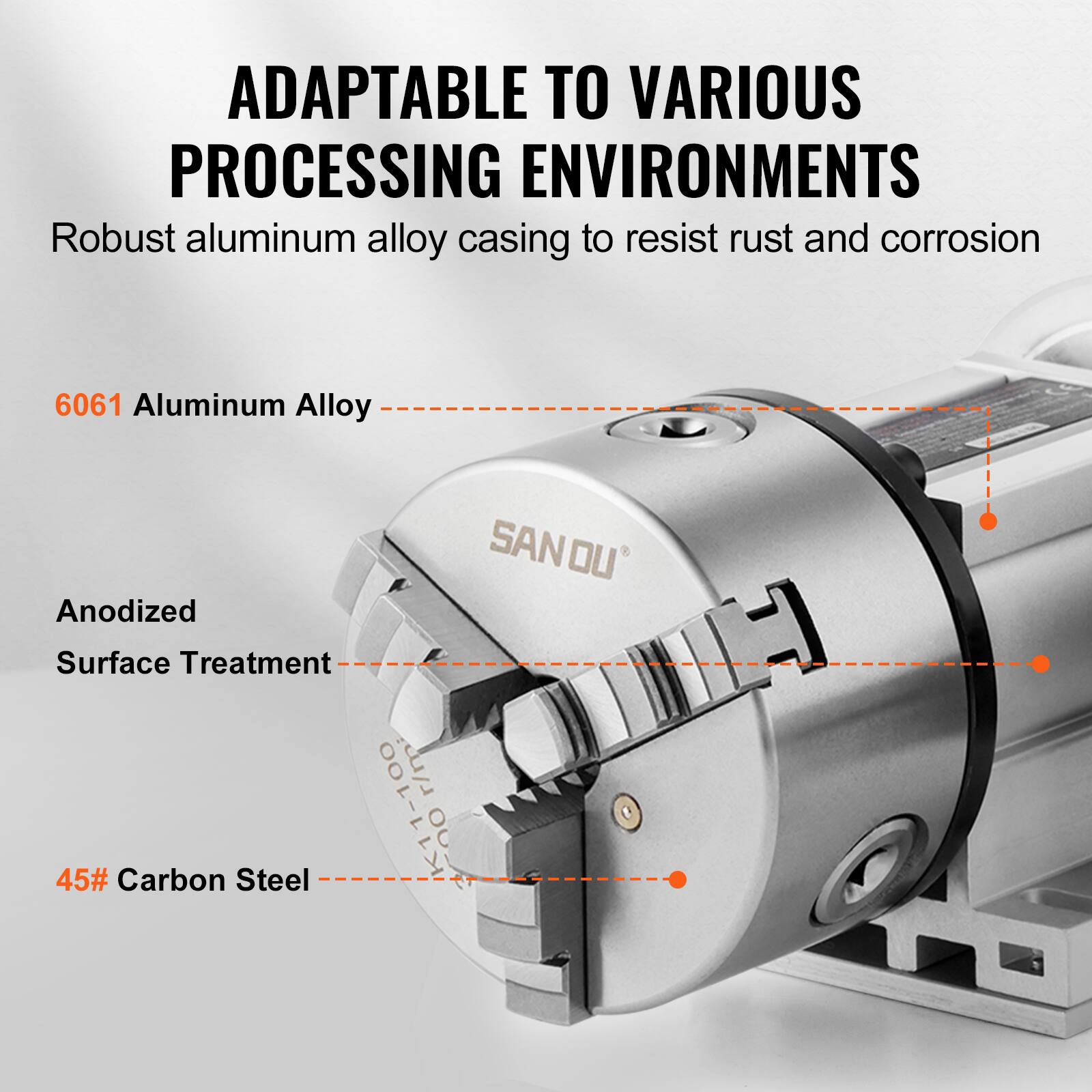 ADAPTABLE TO VARIOUS PROCESSING ENVIRONMENTS

Robust aluminum alloy casing to resist rust and corrosion

6061 Aluminum Alloy
Anodized Surface Treatment
45# Carbon Steel