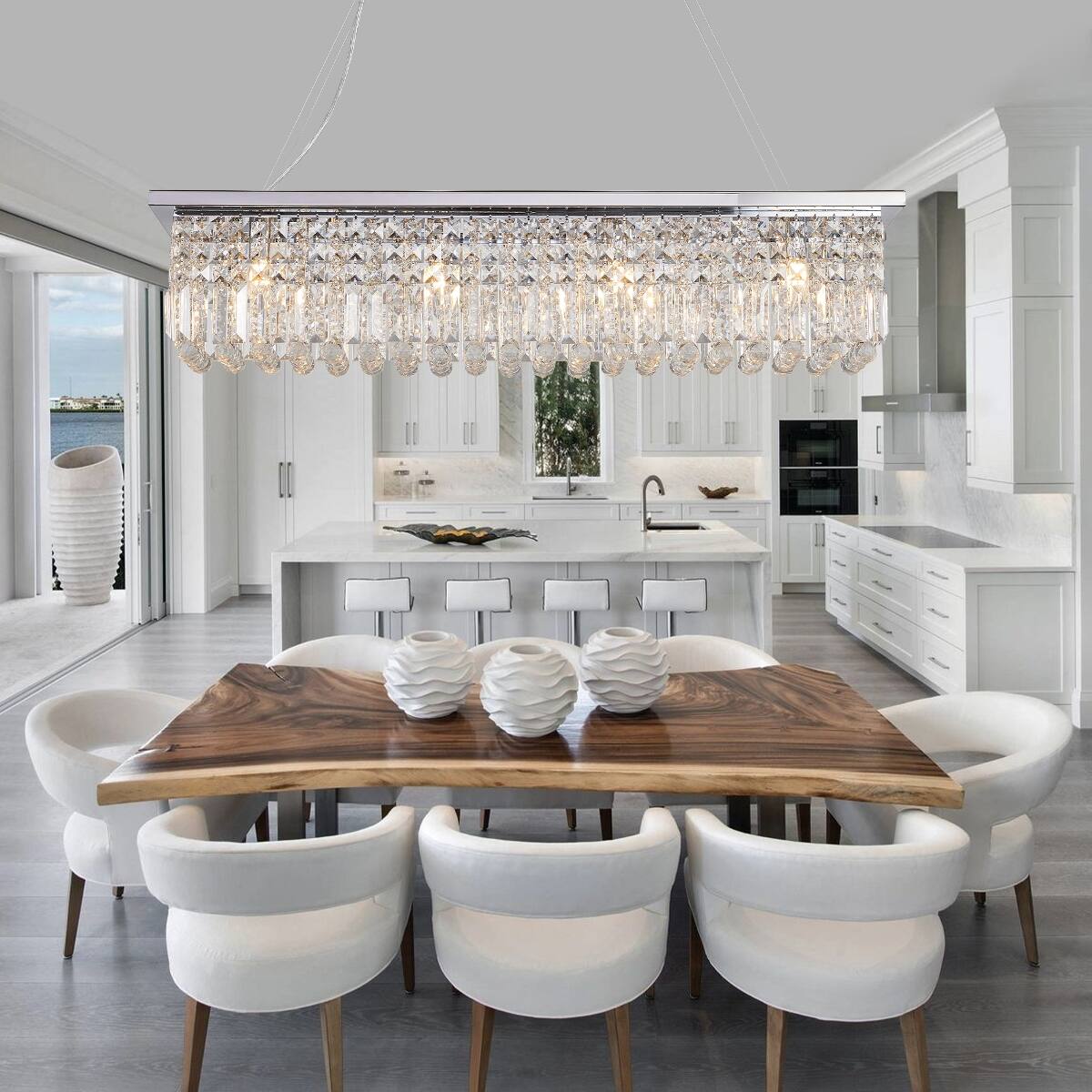 Angle. Loheer - Loheer Eight Light Crystal Chandelier Chrome Rectangle Pendant for Dining Room or Kitchen Island.