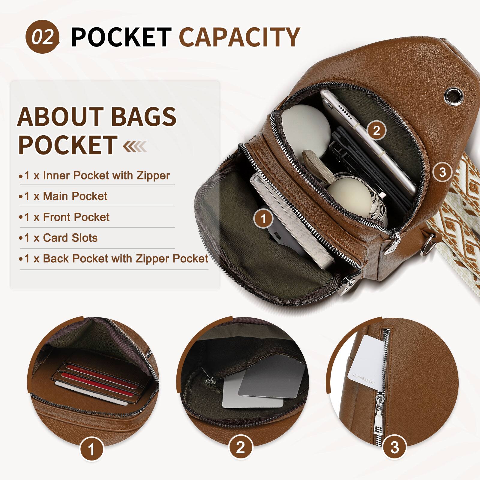 02 POCKET CAPACITY

ABOUT BAGS POCKET

- 1 x Inner Pocket with Zipper
- 1 x Main Pocket
- 1 x Front Pocket
- 1 x Card Slots
- 1 x Back Pocket with Zipper Pocket