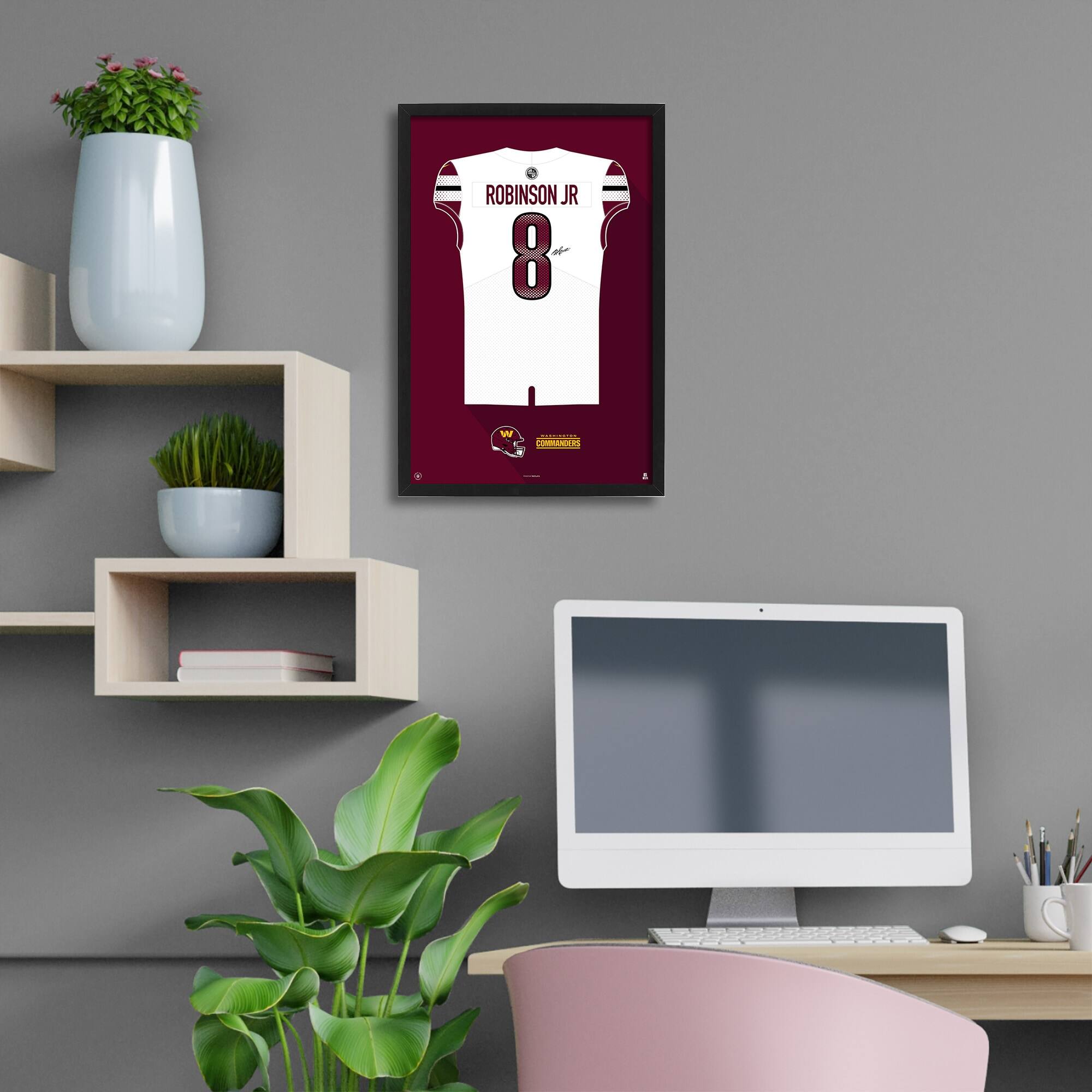 Alt View 1. Sporticulture - Brian Robinson Jr. Washington Commanders Away Jersey Framed Art Print - White.