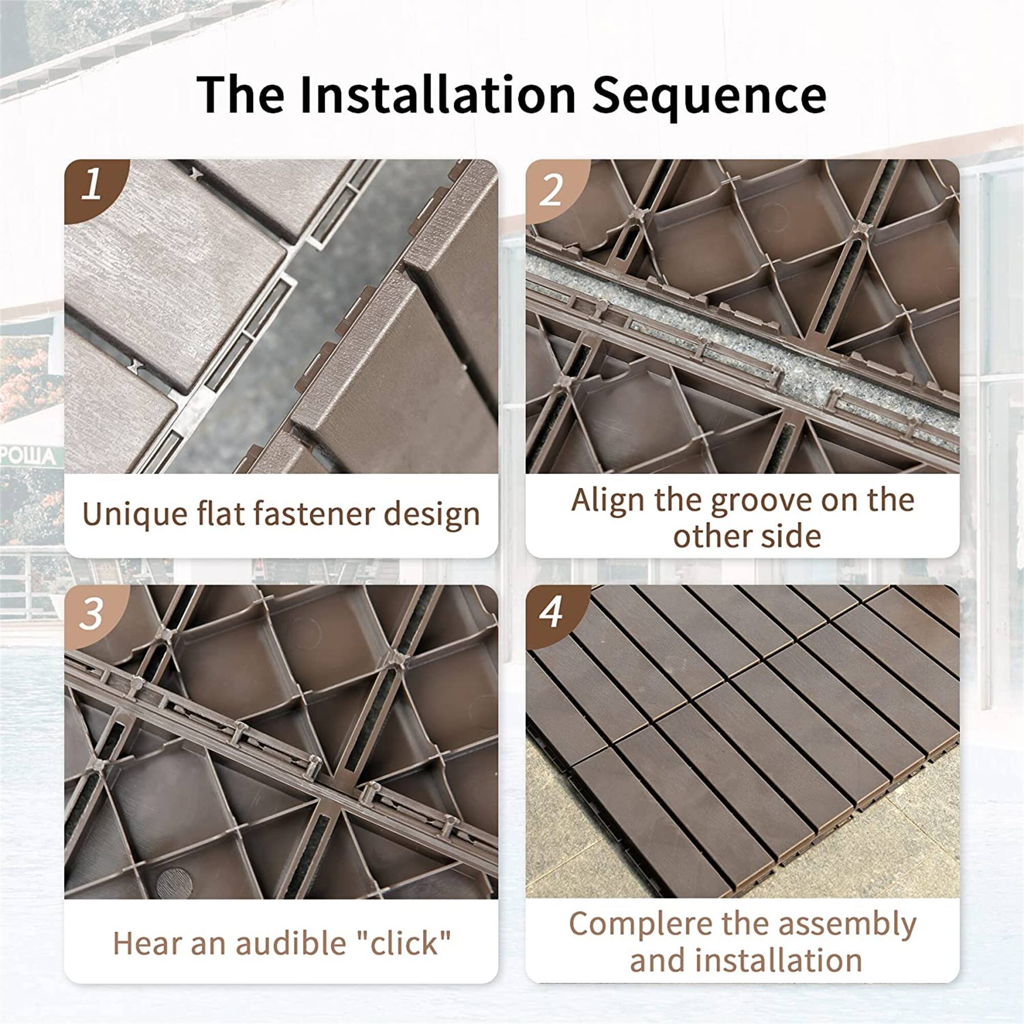 1. Unique flat fastener design  
2. Align the groove on the other side  
3. Hear an audible "click"  
4. Complete the assembly and installation