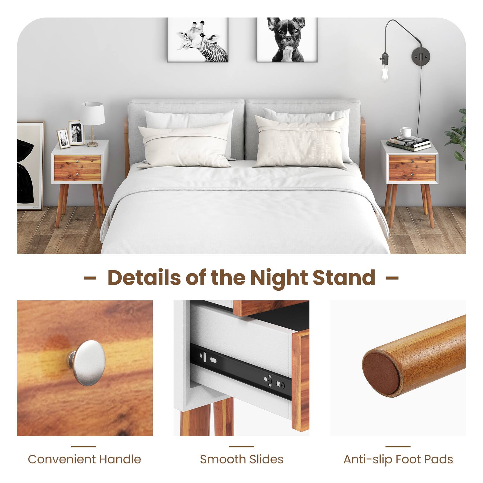 Details of the Night Stand: Convenient Handle, Smooth Slides, Anti-slip Foot Pads