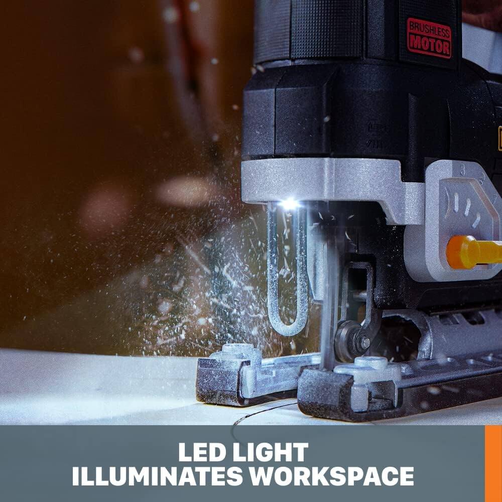 The text on the image reads: "Brushless Motor LED Light Illuminates Workspace."