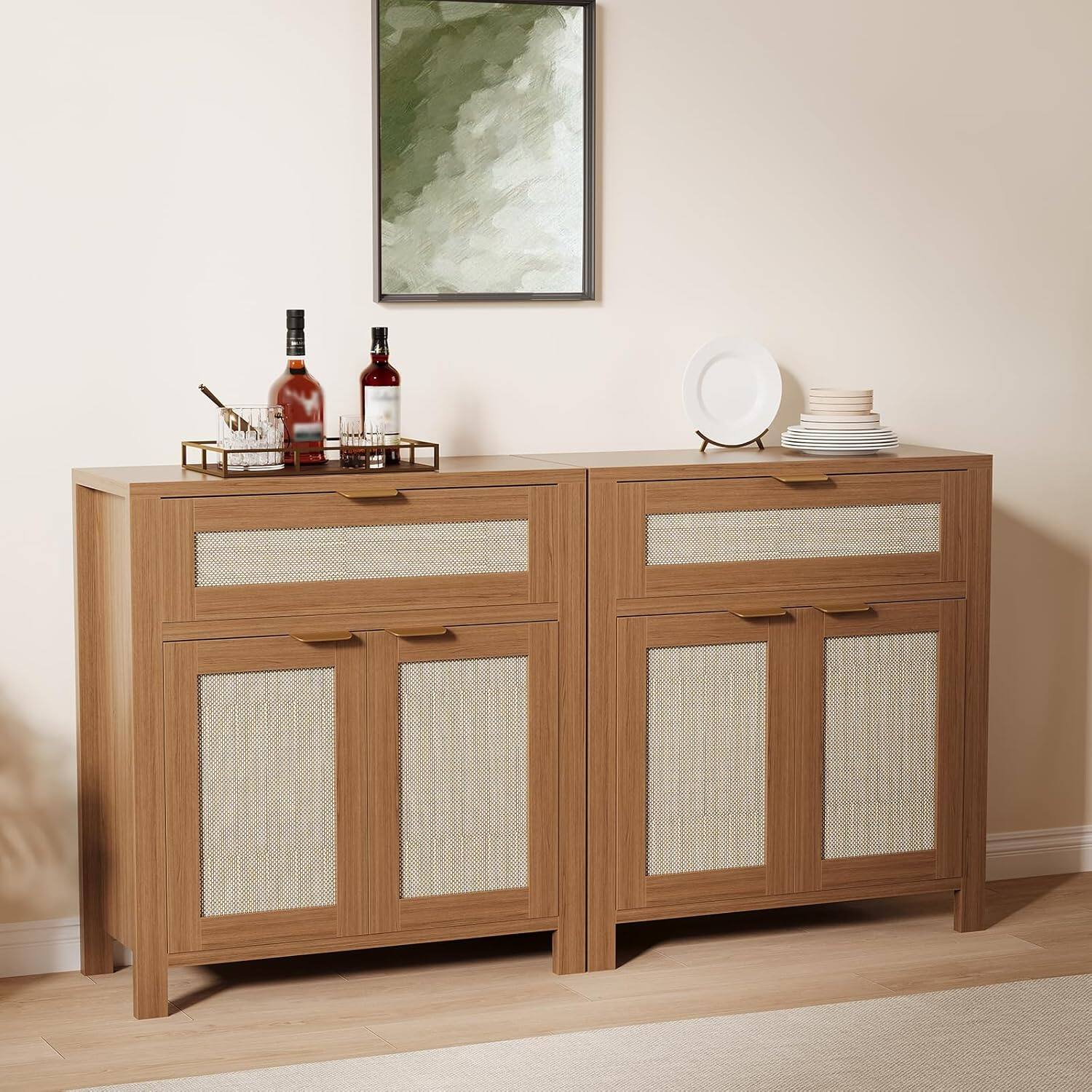 Alt View 4. GARVEE - 34" Sideboard Buffet Cabinet with Storage, Wooden Credenza Storage Cabinet with Adjustable Shelves, Caramel Dark Oak - Dark Oak.