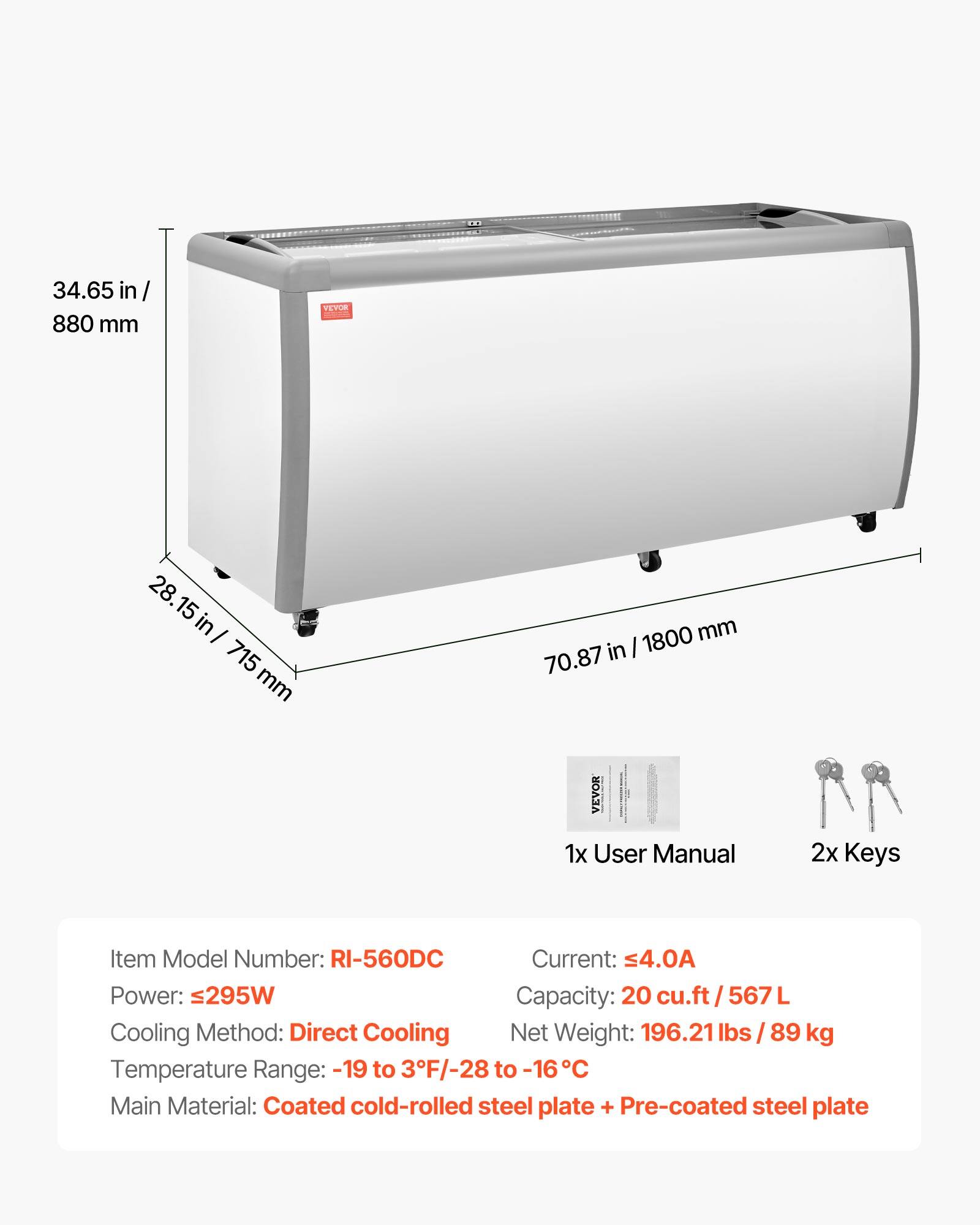 34.65 in / 880 mm  
28.15 in / 715 mm  
70.87 in / 1800 mm  

1x User Manual  
2x Keys  

Item Model Number: RI-560DC  
Current: ≤4.0A  
Power: ≤295W  
Capacity: 20 cu.ft / 567 L  
Net Weight: 196.21 lbs / 89 kg  
Temperature Range: -19 to 3°F / -28 to -16°C  
Main Material: Coated cold-rolled steel plate + Pre-coated steel plate  
Cooling Method: Direct Cooling