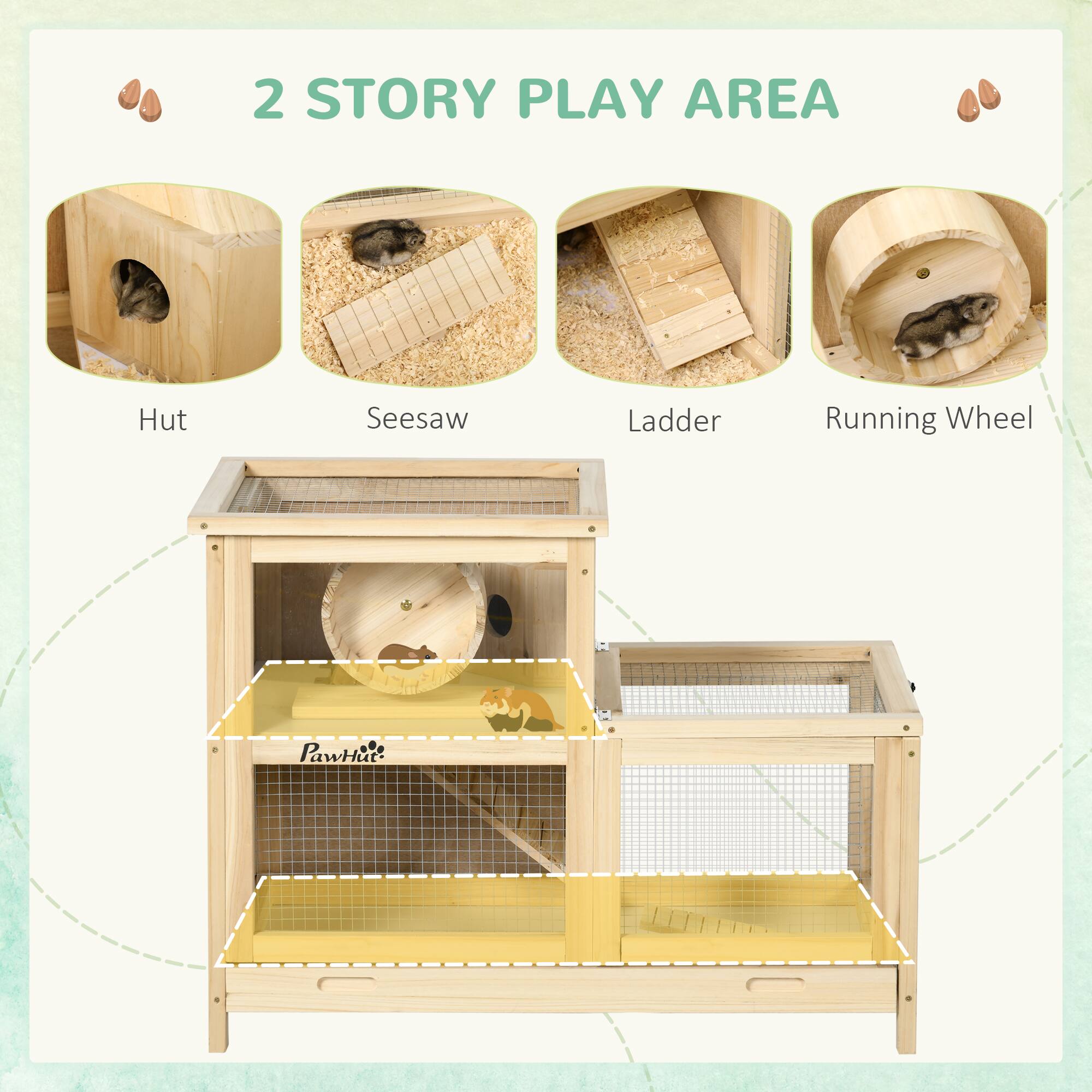 2 STORY PLAY AREA

Hut  
Seesaw  
Ladder  
Running Wheel  

PawHut