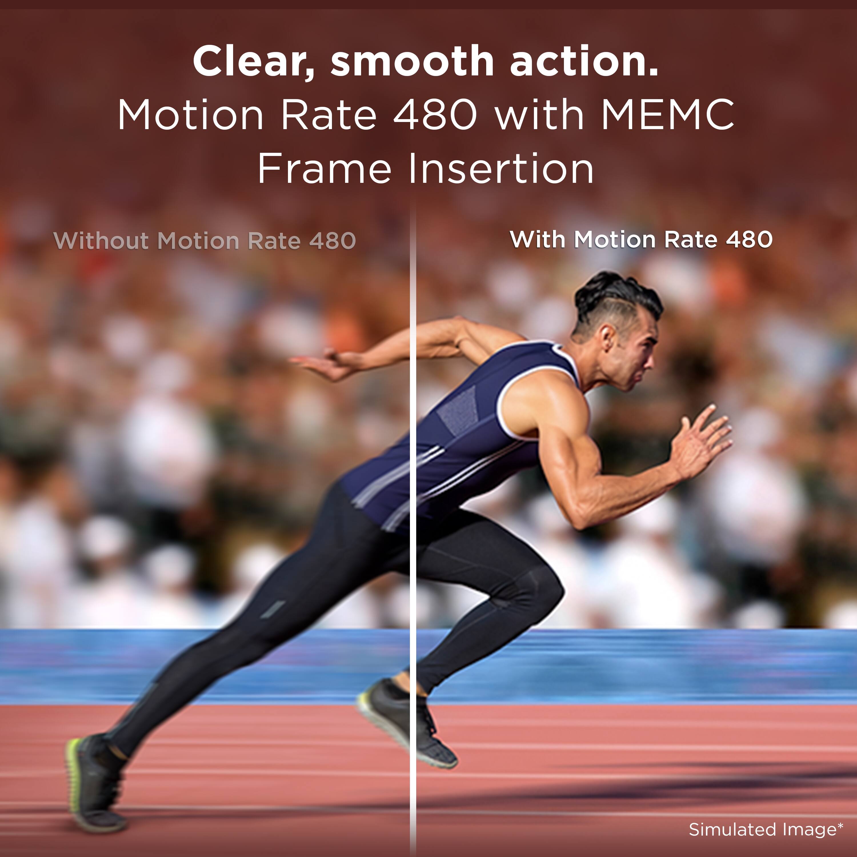 Clear, smooth action.  
Motion Rate 480 with MEMC Frame Insertion  

Without Motion Rate 480  
With Motion Rate 480  

Simulated Image*