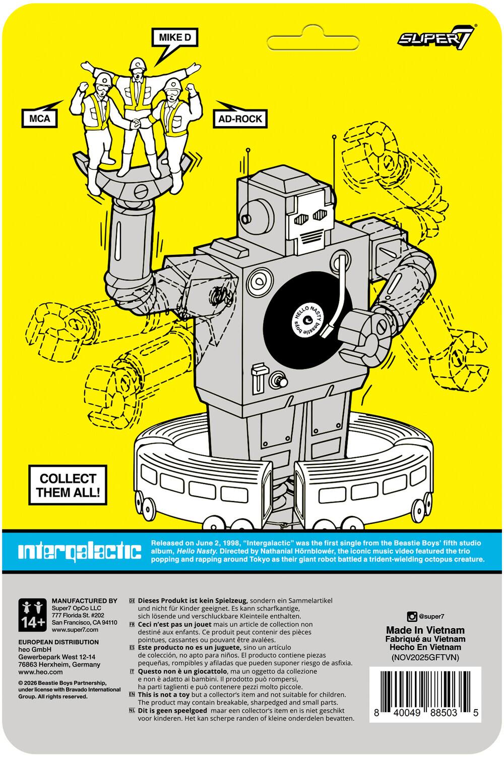 MIKE D SUPER7 MCA AD-ROCK HELLO HASTA #Ao SEOn COLLECT THEM ALL! Released June 1998, "Intergalactic" was the first single from the Beastie Boys' fifth studio Intergalactic album, Hello Nasty. Directed by Nathanial Hrnblowr, the iconic music video featured the trio popping and rapping around Tokyo as their giant robot battled a trident-wielding octopus creature. MANUFACTURED Dieses Produkt kein Spielzeug. sondern Sammelartikel Super7 OpCo und nicht Kinder geeignet. kann scharfkantige, Florida #202 sich lösende und verschluckbare Kleinteile enthalten. 14+ Francisco, A94110 Ceci n'est pas jouet mais article collection www.super7.com destin enfants. produit peut contenir des pièces EUROPEAN DISTRIBUTION pointues, cassantes pouvant être avalées. heo GmbH Este producto juguete, sino artículo Gewerbepark West 12-14 colección, apto para niños. producto contiene piezas 76863 Herxheim, Germany pequeñas, rompibles afiladas que