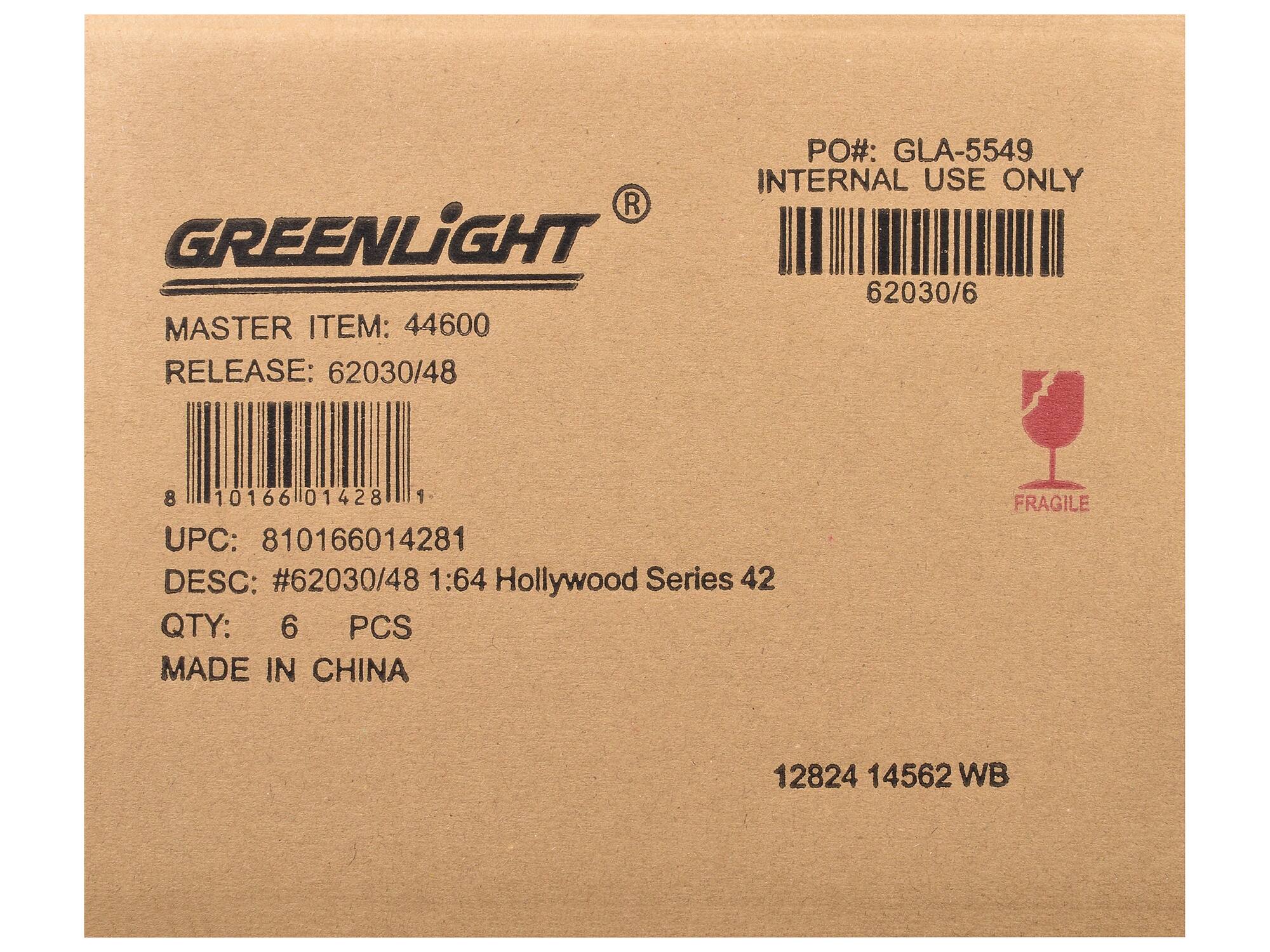 PO#: GLA-5549  
INTERNAL USE ONLY  

GREENLIGHT  
MASTER ITEM: 44600  
RELEASE: 62030/48  

UPC: 810166014281  
DESC: #62030/48 1:64 Hollywood Series 42  
QTY: 6 PCS  
MADE IN CHINA  

FRAGILE  

12824 14562 WB