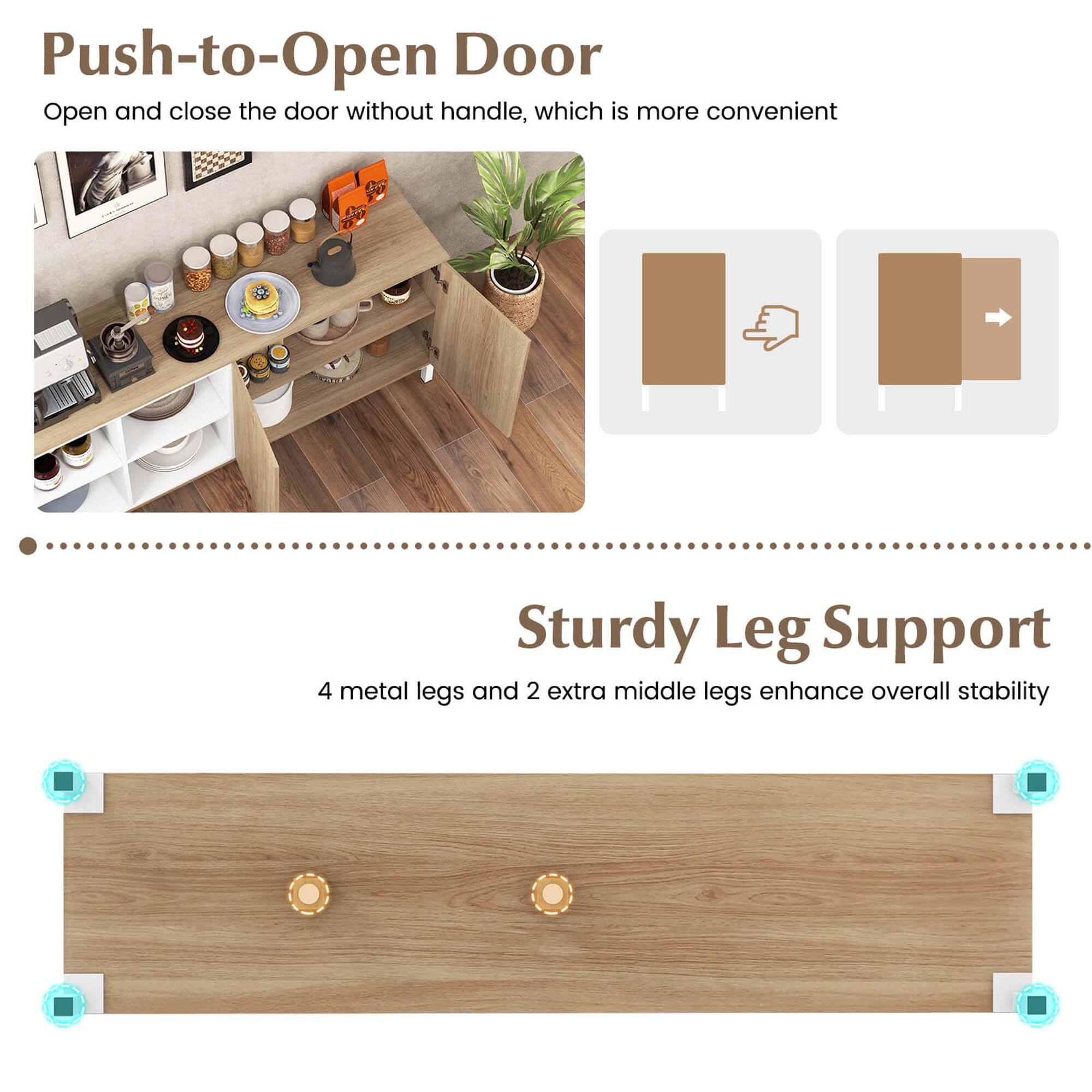 Push-to-Open Door: Open and close the door without handle, which is more convenient.
Sturdy Leg Support: 4 metal legs and 2 extra middle legs enhance overall stability.