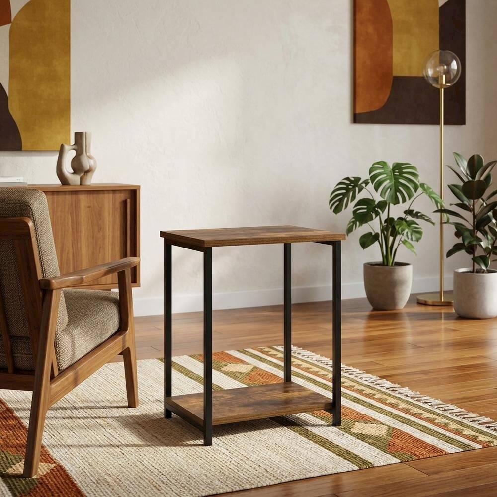 Angle. FurniFact - Amber Pine Metal Frame End Table for Living Room or Bedroom - Amber Pine.