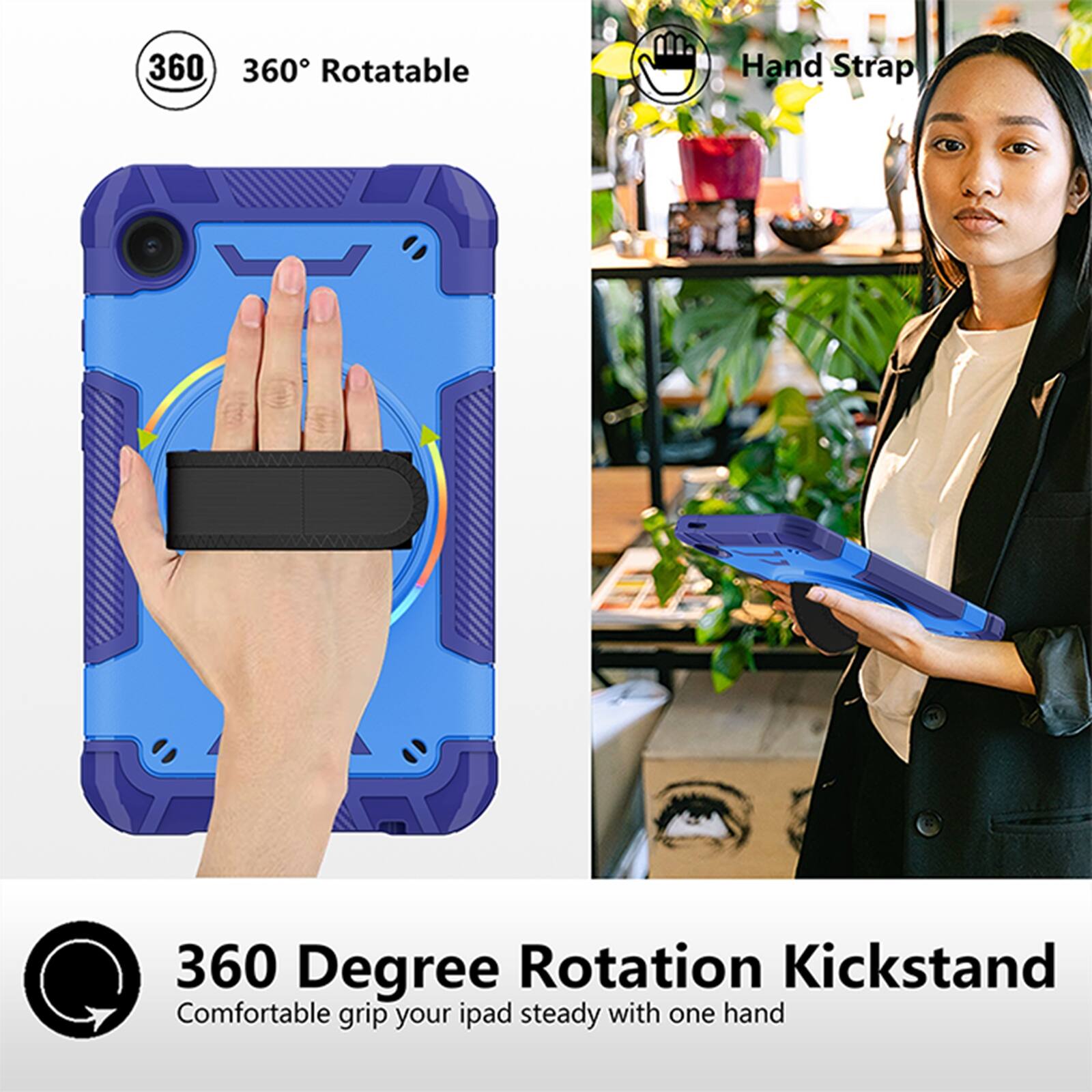 360° Rotatable  
Hand Strap  
360 Degree Rotation Kickstand  
Comfortable grip your iPad steady with one hand