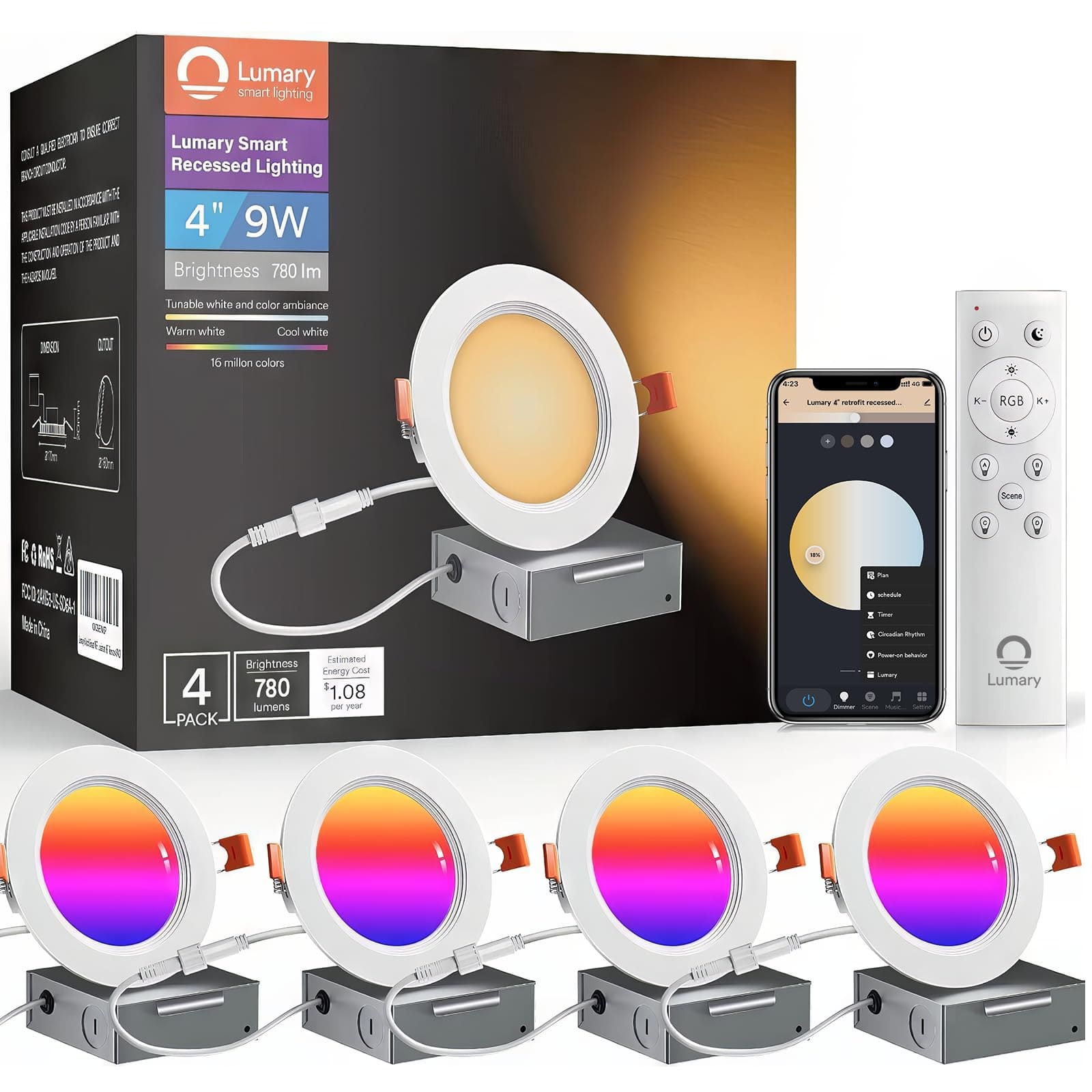 Lumary - 4" Smart WiFi LED Recessed Lighting with Anti-Glare Metal Trim & J-Box, Compatible with Alexa/Google 4 Pack - White