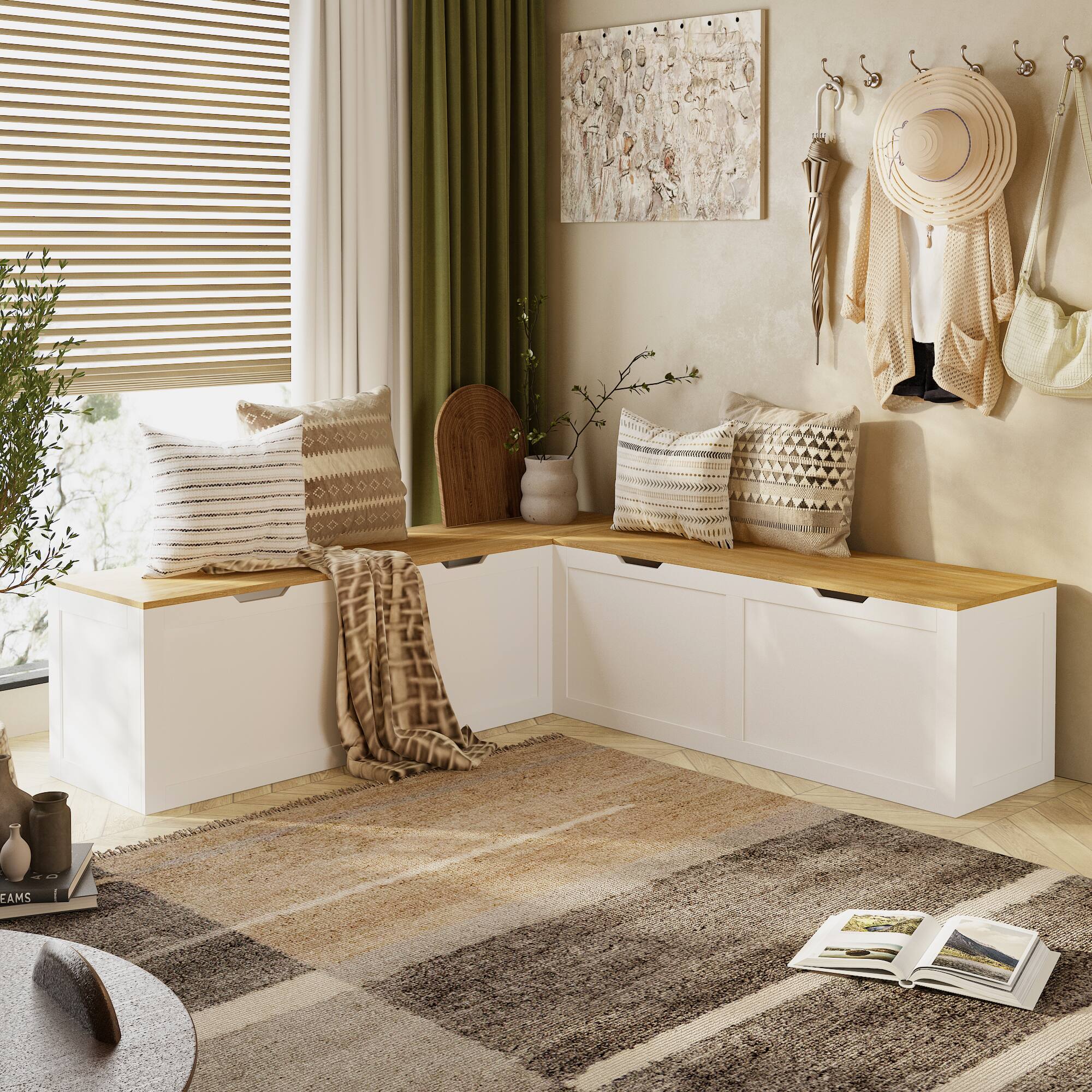 Front. Famapy - L-Shaped Entryway Shoe Bench with Storage, Wooden Corner Shoe Rack with Seat, Entry Organizer Cabinet - White & Wooden.