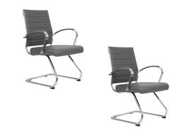 LeisureMod - Set of 2 Benmar Modern Ergonomic Office Chairs, Ribbed Leather, Chrome Arms & Steel Frame for Home or Office - Gray