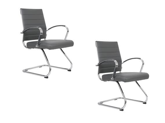 Front. LeisureMod - Set of 2 Benmar Ribbed Leather Upholstered Office Chair with Chrome Arms and Sled Base Desk Seating for Home or Office - Grey.