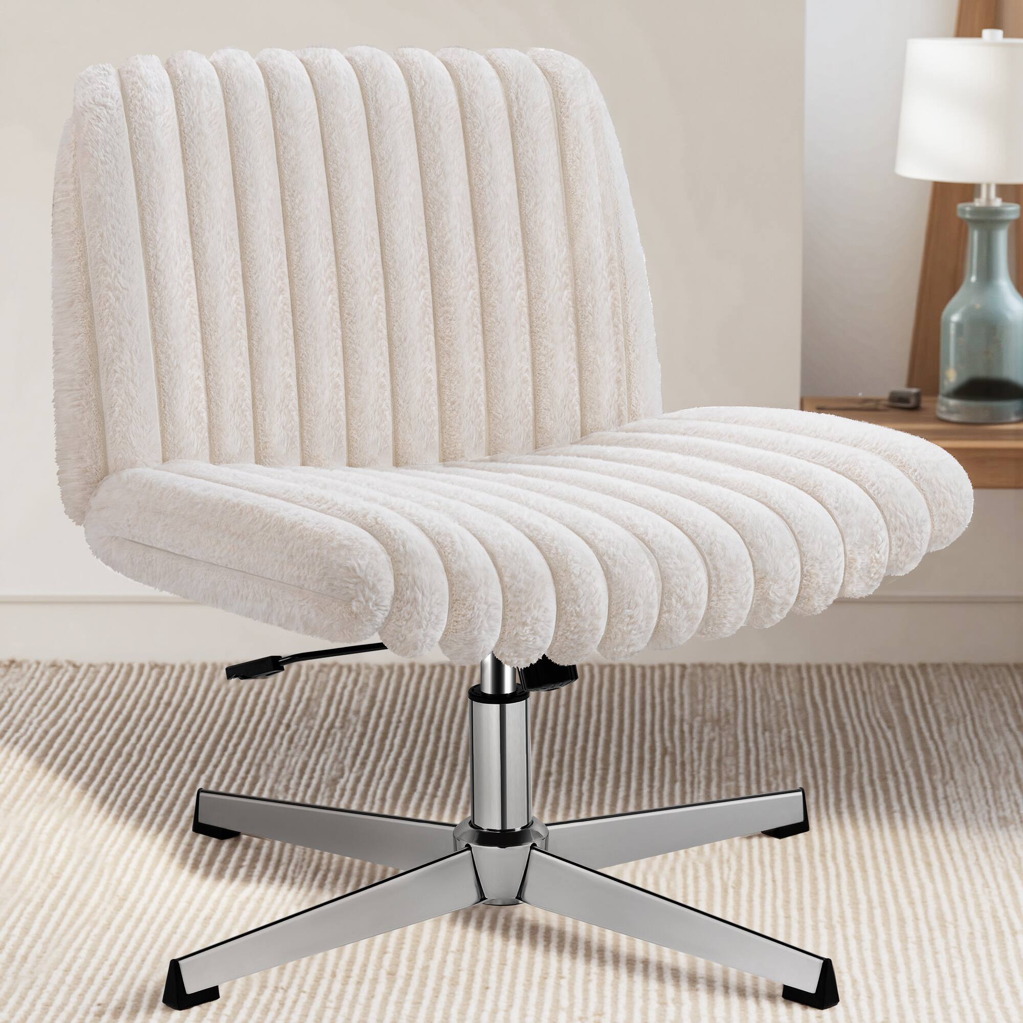 Alt View 4. KERDOM - Wider Seat Criss Cross Chair, Armless Ergonomic Office Chair No Wheels, Soft Velvet Vanity Makeup Chair For Home Bedroom - Beige.