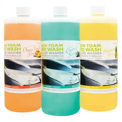 **Low Foam Auto Wash**
- **Orange Vanilla Scent**
- 1 U.S. Quart
- Concentrate Formula
- Safe for Wax + Sealant
- Campers + Trucks
- SPX-FCS10-CO
- **Coconut Scent**
- 1 U.S. Quart
- Concentrate Formula
- Safe for Wax + Sealant
- Campers + Trucks
- SPX-FCS10-CR
- **Pineapple Scent**
- 1 U.S. Quart
- Concentrate Formula
- Safe for Wax + Sealant
- Campers + Trucks
- SPX-FCS10
**Features:**
- High-pressure foam concentrate
- Biodegradable
- Safe for wax and sealant
- Suitable for campers and trucks