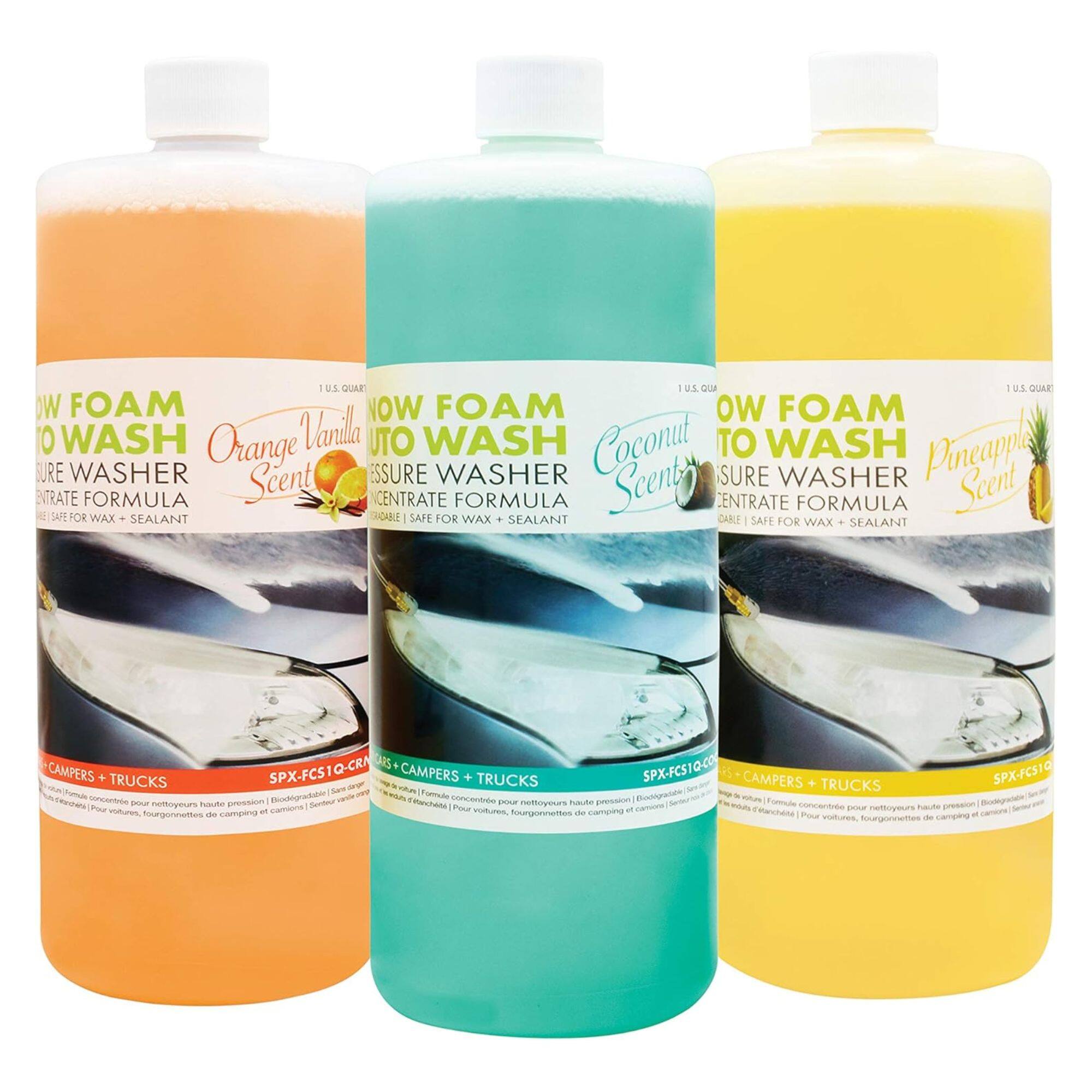 **Low Foam Auto Wash**

- **Orange Vanilla Scent**
  - 1 U.S. Quart
  - Concentrate Formula
  - Safe for Wax + Sealant
  - Campers + Trucks
  - SPX-FCS10-CO

- **Coconut Scent**
  - 1 U.S. Quart
  - Concentrate Formula
  - Safe for Wax + Sealant
  - Campers + Trucks
  - SPX-FCS10-CR

- **Pineapple Scent**
  - 1 U.S. Quart
  - Concentrate Formula
  - Safe for Wax + Sealant
  - Campers + Trucks
  - SPX-FCS10

**Features:**
- High-pressure foam concentrate
- Biodegradable
- Safe for wax and sealant
- Suitable for campers and trucks