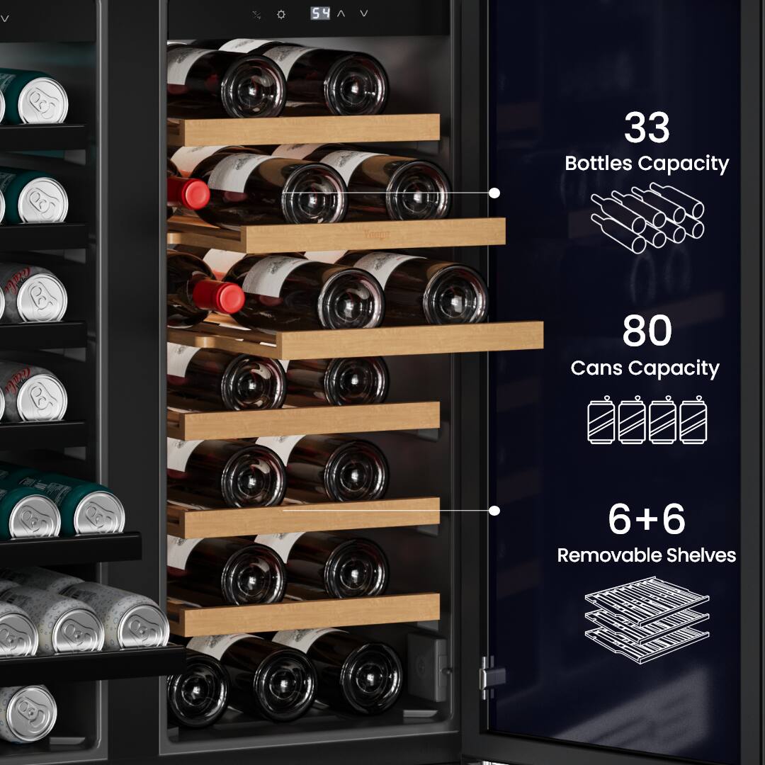 33 Bottles Capacity  
80 Cans Capacity  
6+6 Removable Shelves