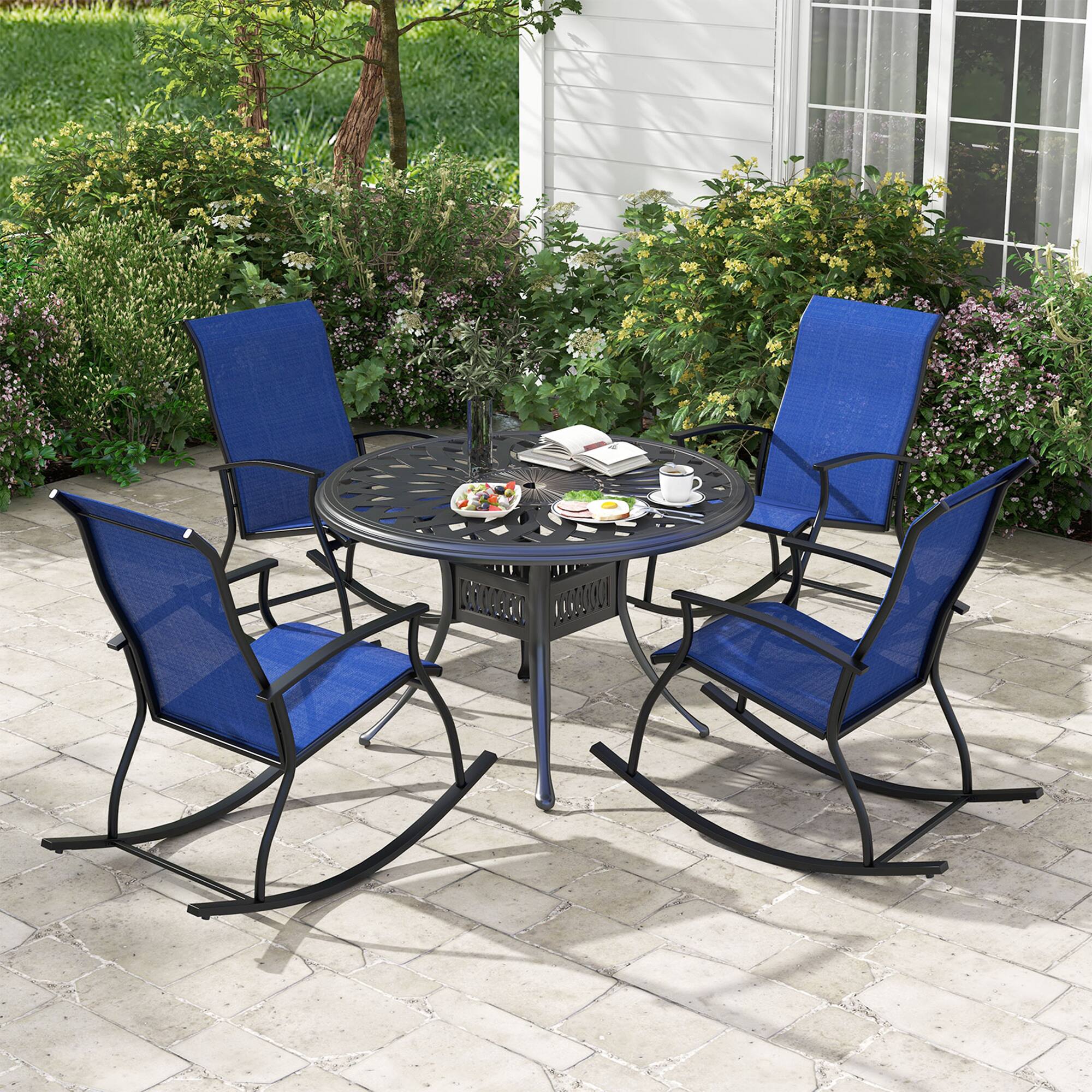Alt View 4. Gymax - Gymax Set of 2 Outdoor Rocking Chair Patio Rocker w/ Breathable Fabric Navy - Navy + Black.