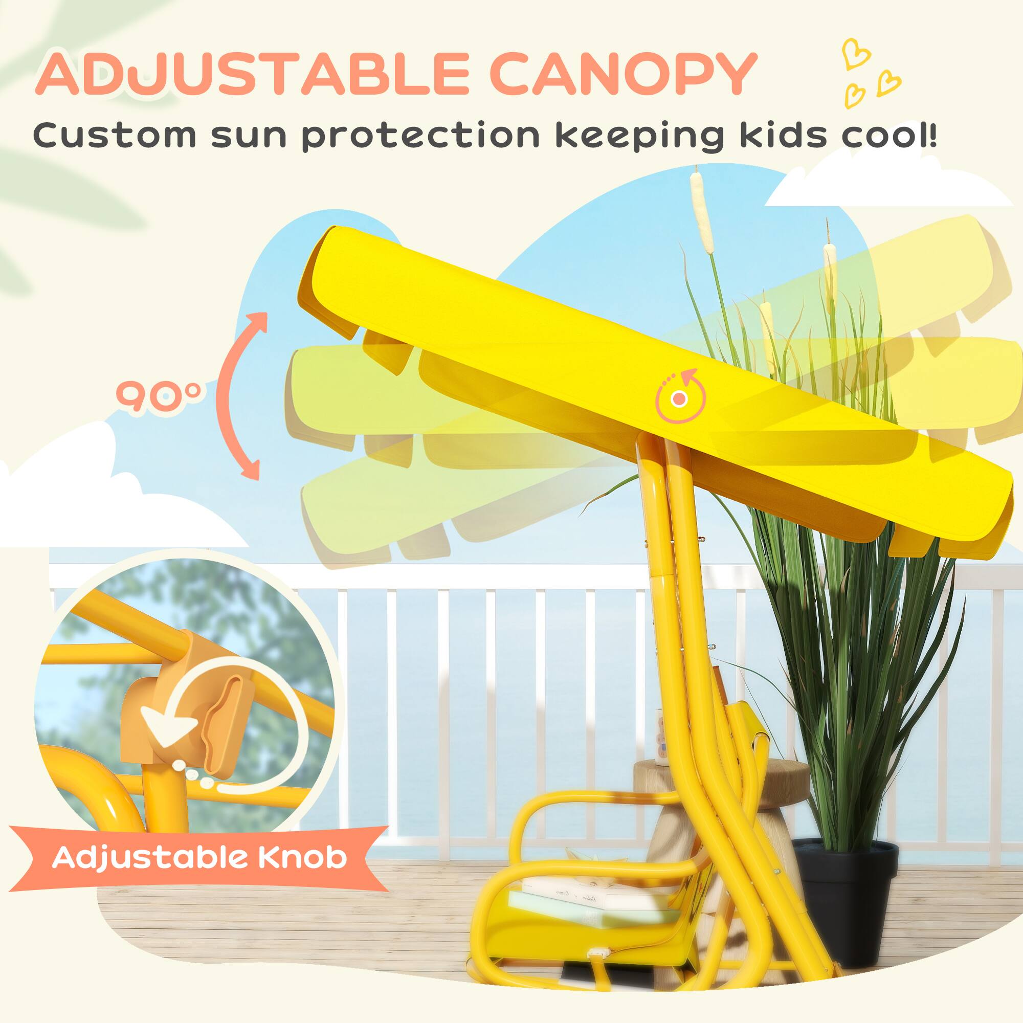 ADJUSTABLE CANOPY  
Custom sun protection keeping kids cool!  

90°  

Adjustable Knob