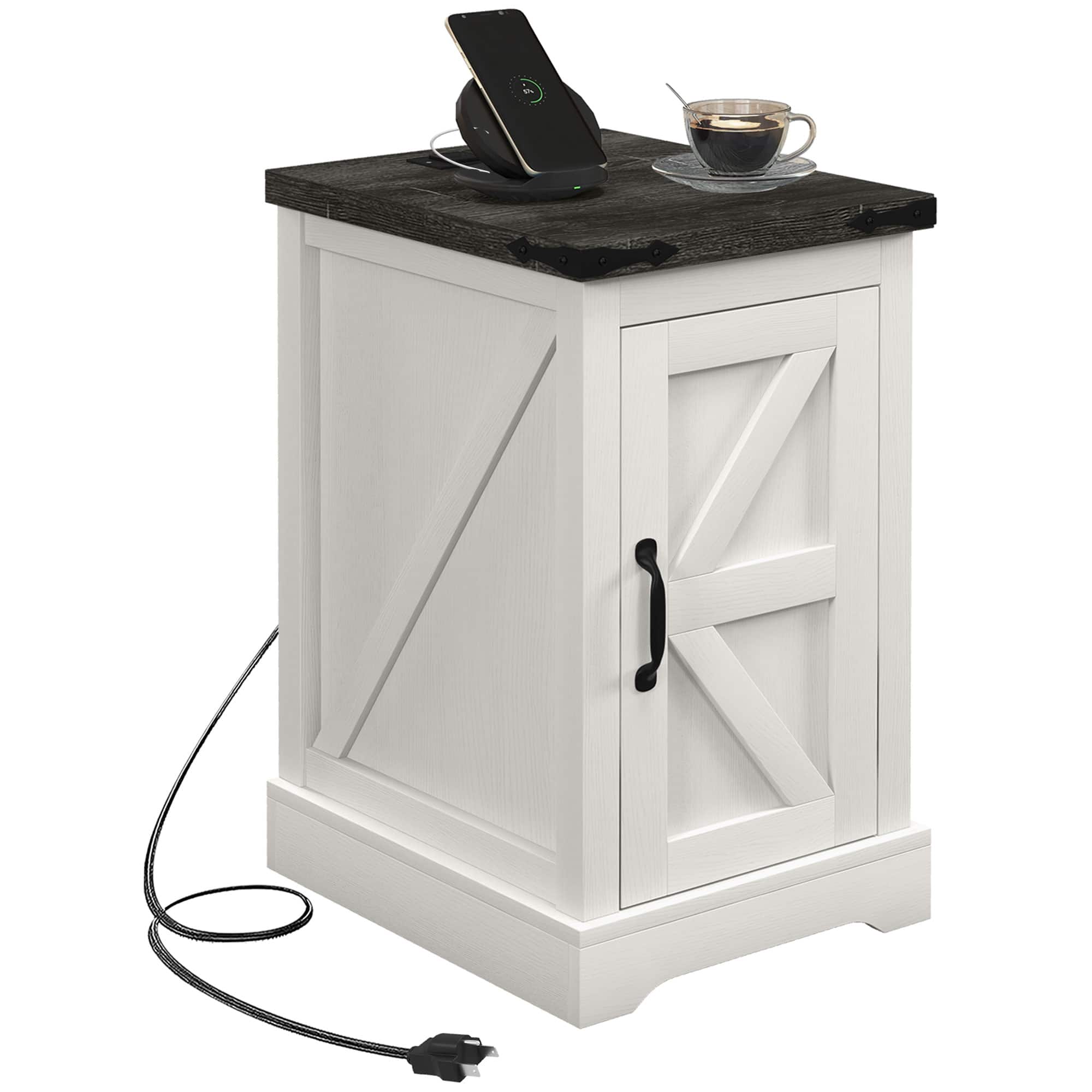 Homcom - End Table with Storage, Side Table with Charging Station and USB Ports for Living Room - Distressed White