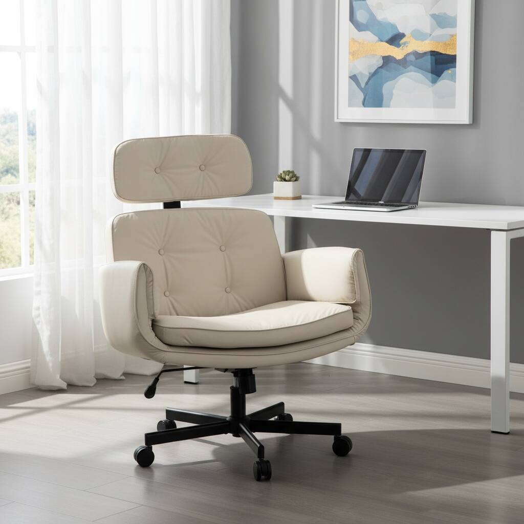 Alt View 2. Forest'nSky - Wide Cross-Legged Office Chair with Adjustable Headrest, Arms & Wheels, Swivel PU Task Chair for Makeup, Gaming,Beige - Beige.