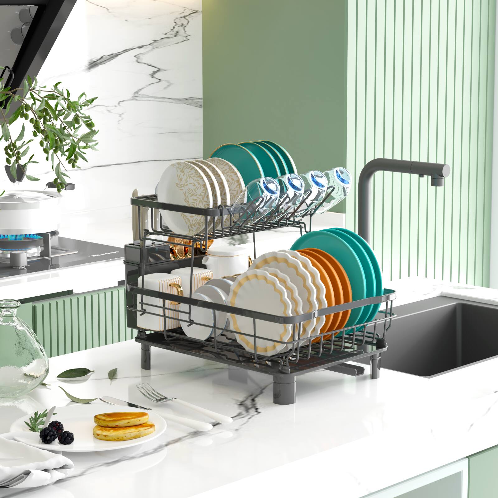 Alt View 6. Sugift - 2-Tier Detachable Dish Drying Rack Stainless Steel Rack with Cutlery Box and Cup Holder - Black.