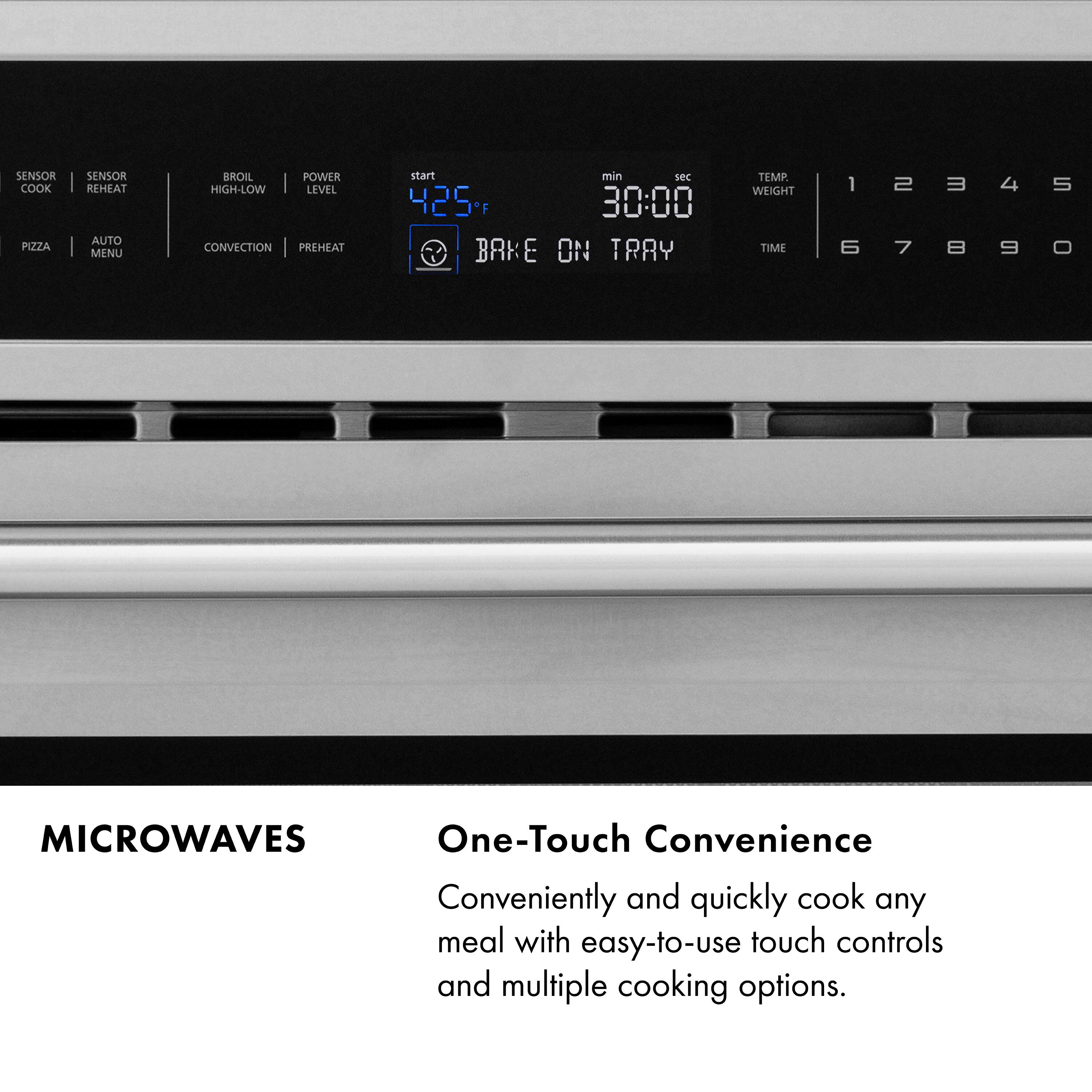 SENSOR COOK PIZZA SENSOR REHEAT AUTO MENU BROIL POWER HIGH-LOW LEVEL CONVECTION PREHEAT start min se 425 "F 30:00 BRKE ON TARY TEMP. WEIGHT 12345 1 2 3 4 5 TIME 67890 6 7 9 - MICROWAVES One-Touch Convenience Conveniently and quickly cook any meal with easy-to-use touch controls and multiple cooking options.
